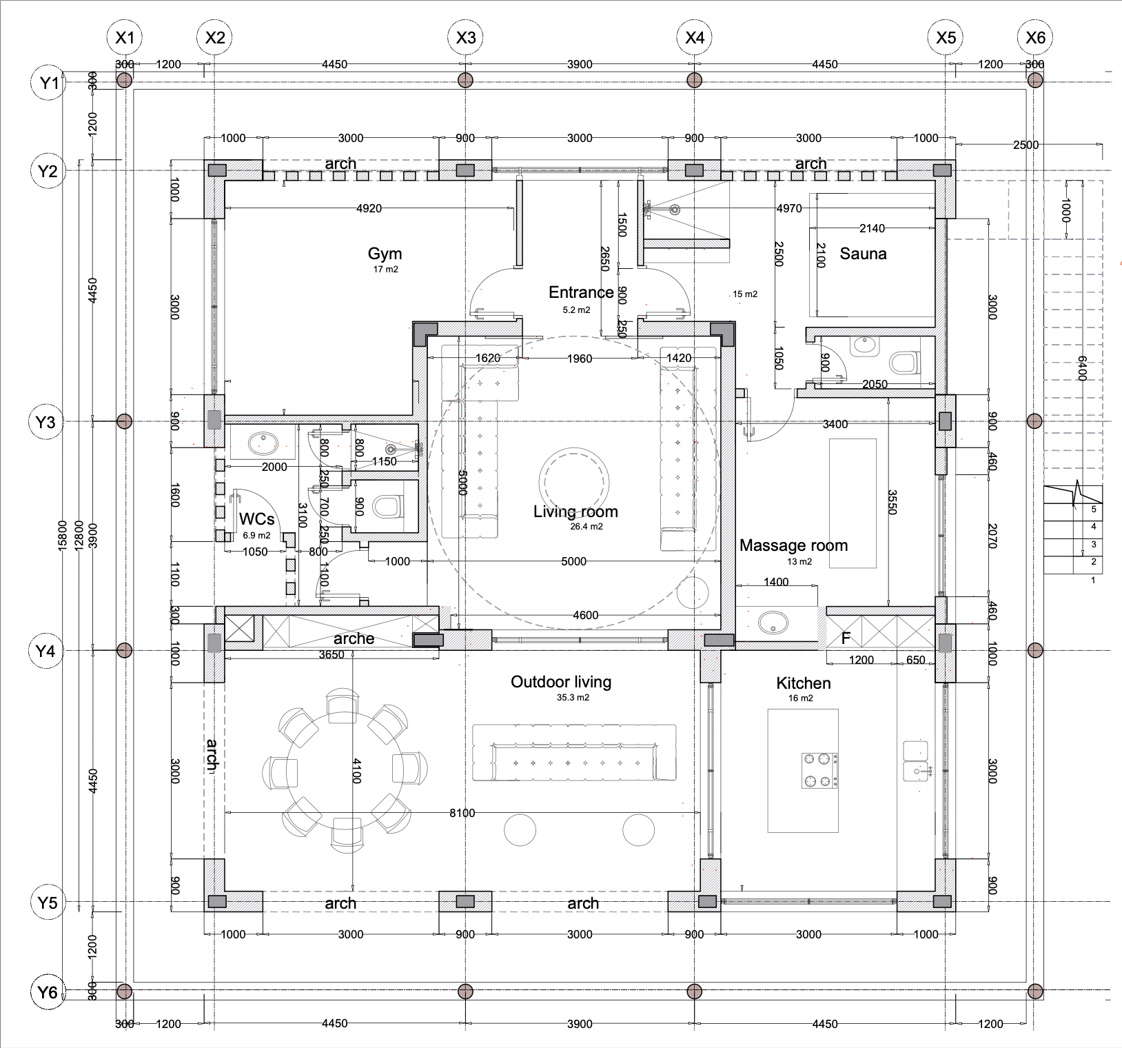 Architectural blueprint of a house layout, showing rooms such as gym, sauna, living room, outdoor living area, kitchen, and WC, with measurements and structural details.