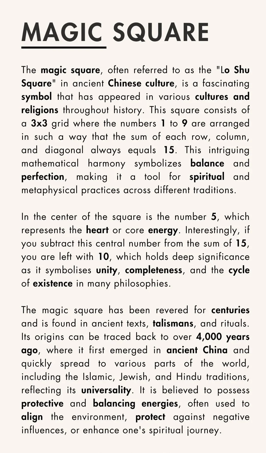 Information about the historical and cultural significance of the Chinese magic square, including its symbolism, history, and mathematical properties.