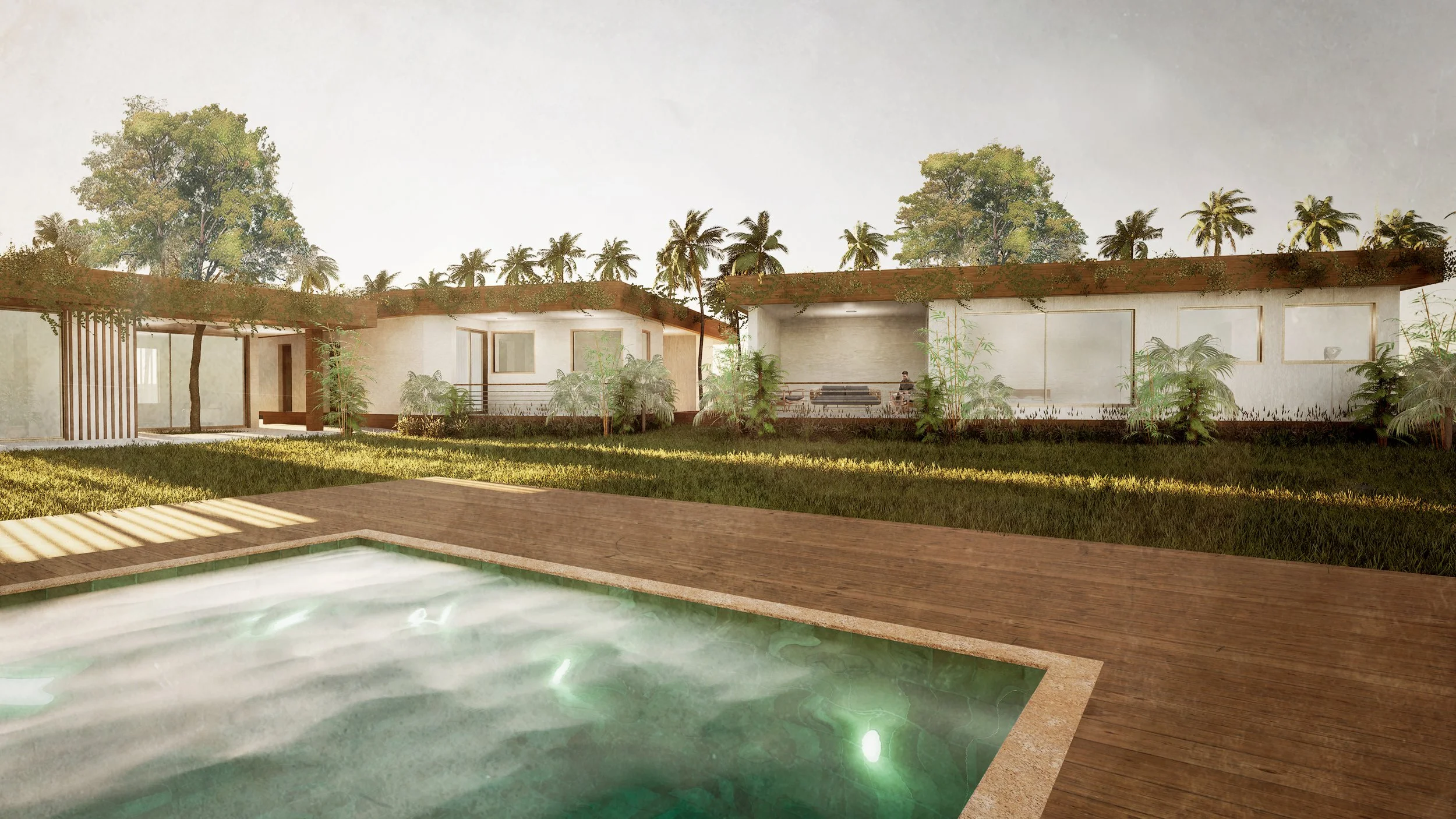 Modern house with flat roof, large windows, surrounded by trees, with a backyard featuring a swimming pool and lawn.