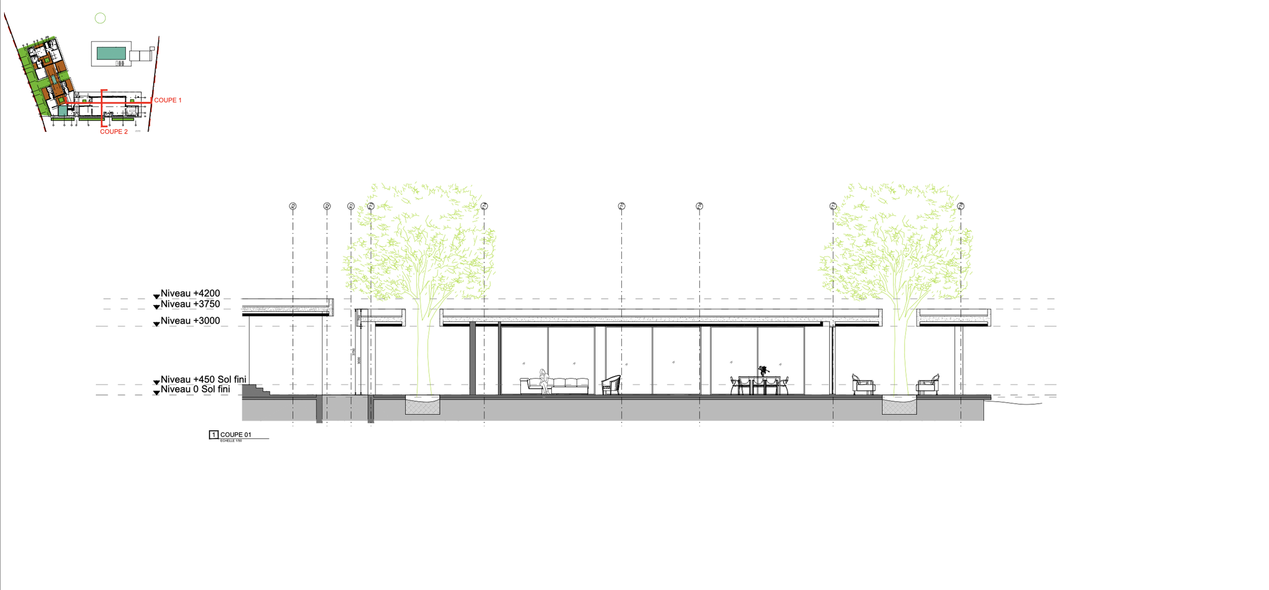 Architectural drawing of a building section with trees, furniture, and elevation markers.