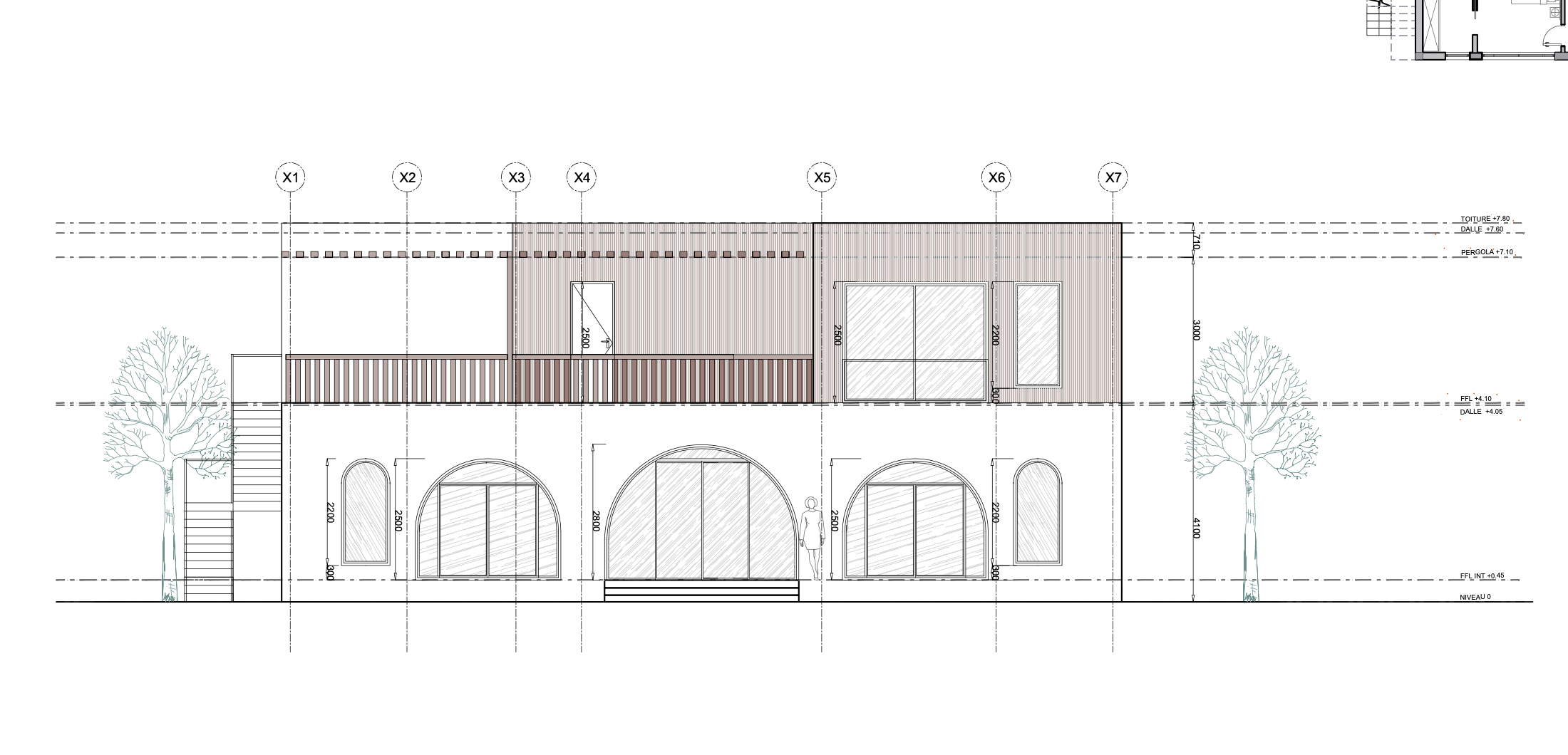 Architectural drawing of a building facade with trees on each side, featuring large arched windows, a balcony with a railing, and detailed measurements and annotations.