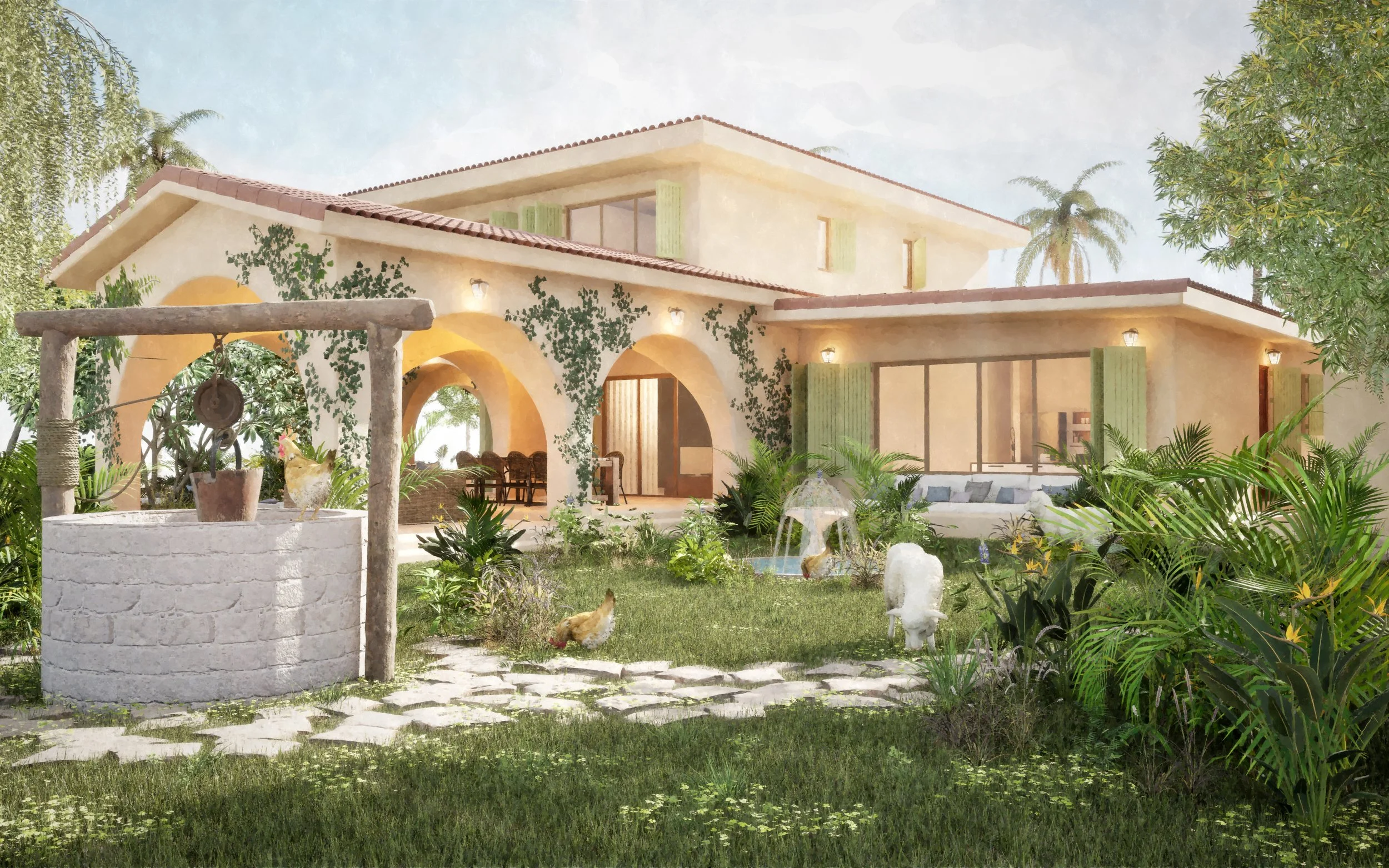 A two-story house with beige walls and a red-tiled roof, surrounded by greenery and trees. There is a small courtyard with a stone well and chickens wandering around. The house has archways, large windows, and outdoor lighting fixtures.