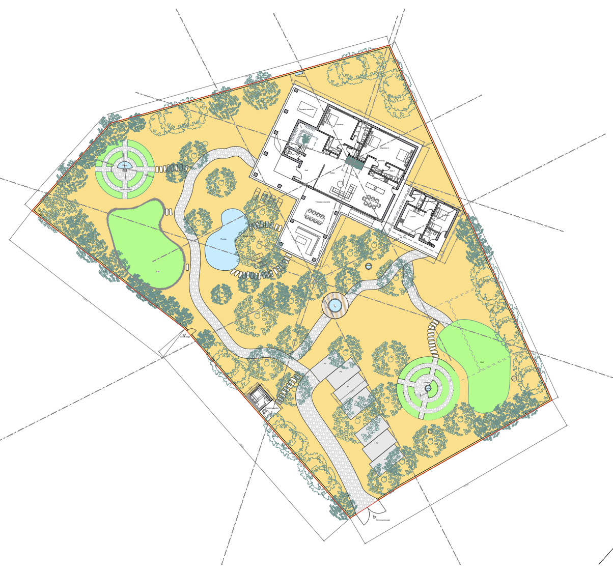 A landscape architectural plan with a house, pathways, water features, trees, and lawn spaces.