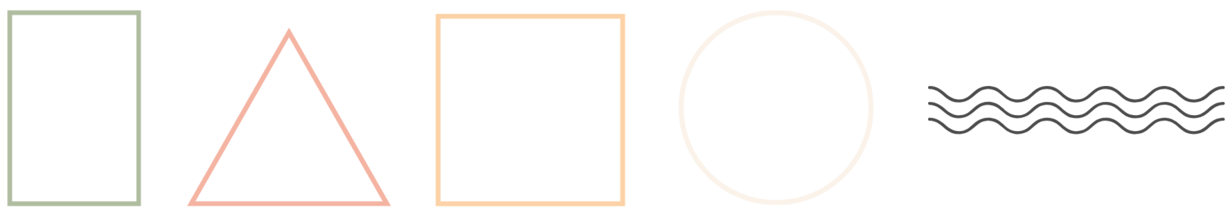 A series of geometric shapes on a black background, including a green rectangle, a pink triangle, an orange square, a white circle, and gray wavy lines.