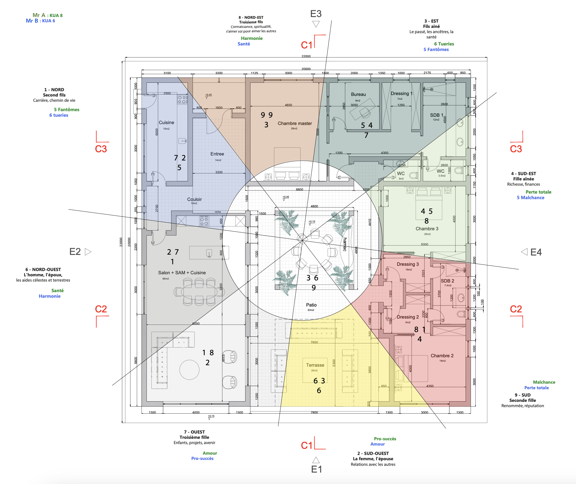 A detailed architectural floor plan of a house with labeled rooms, measurements, and annotations in French. The plan includes bedrooms, bathrooms, living areas, kitchen, terraces, and designated zones, with various symbols and color codings for different sections.