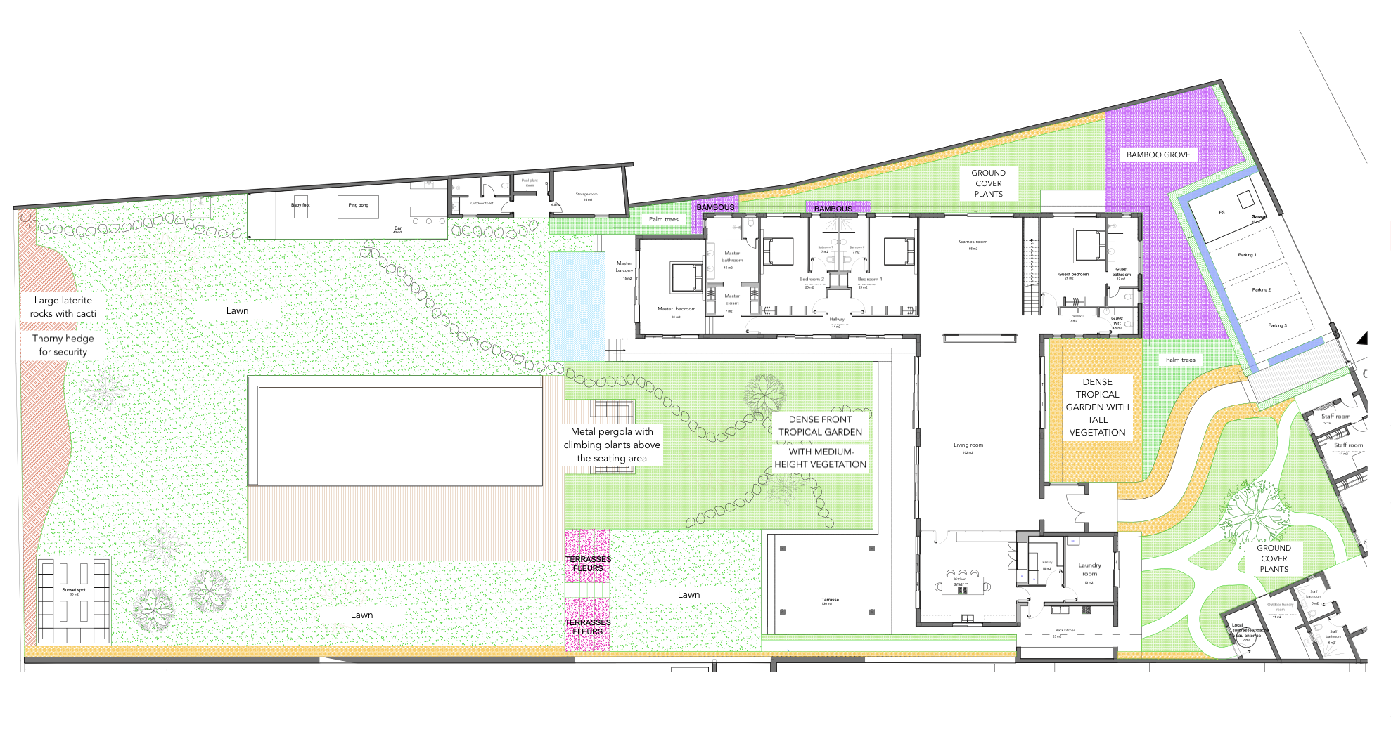 Architectural plan of a property with gardens, outdoor areas, and building rooms labeled, including lawns, tropical gardens, parking, and a pool.