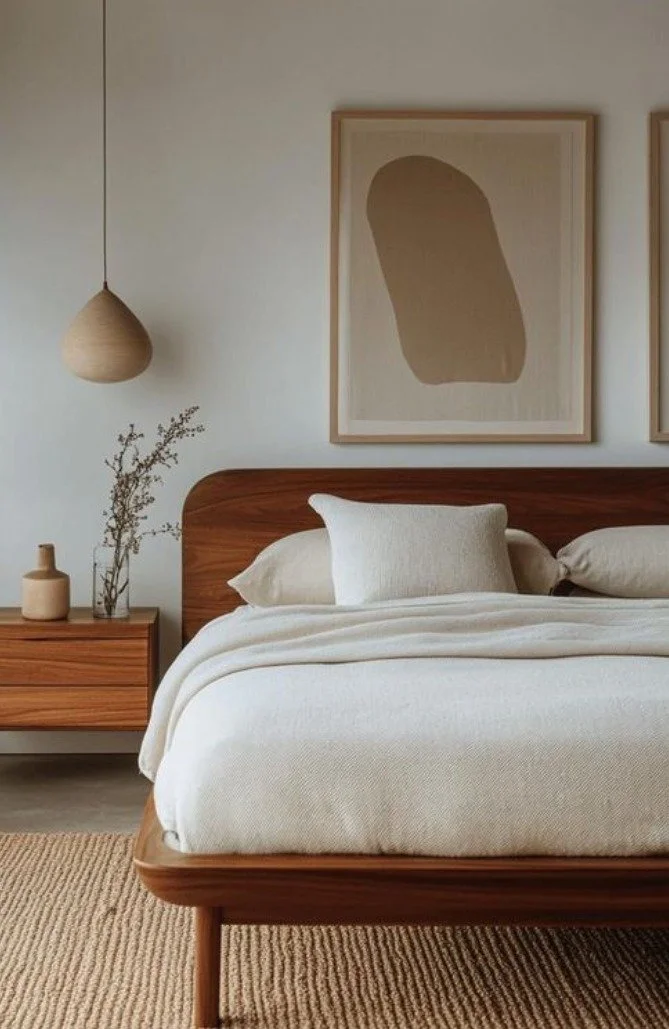 A minimalist bedroom with a wooden bed frame, white bedding, and beige pillows. There is a side table with a small vase and a branch, hanging pendant light, and abstract artwork on the wall in neutral tones.