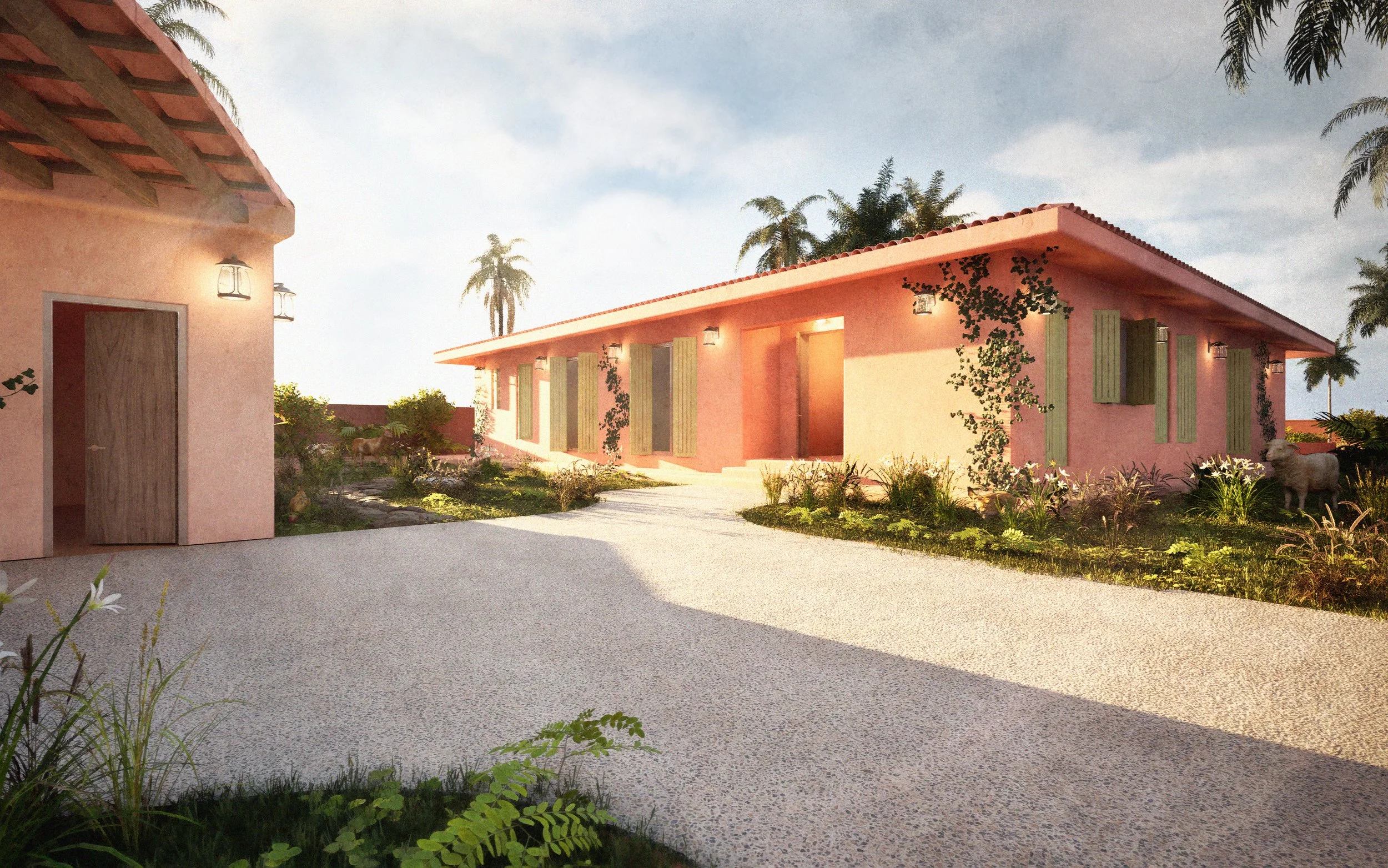 A view of a Mediterranean-style residential complex with pink walls, green shutters, and patio doors, surrounded by lush gardens and tall palm trees, under a partly cloudy sky.