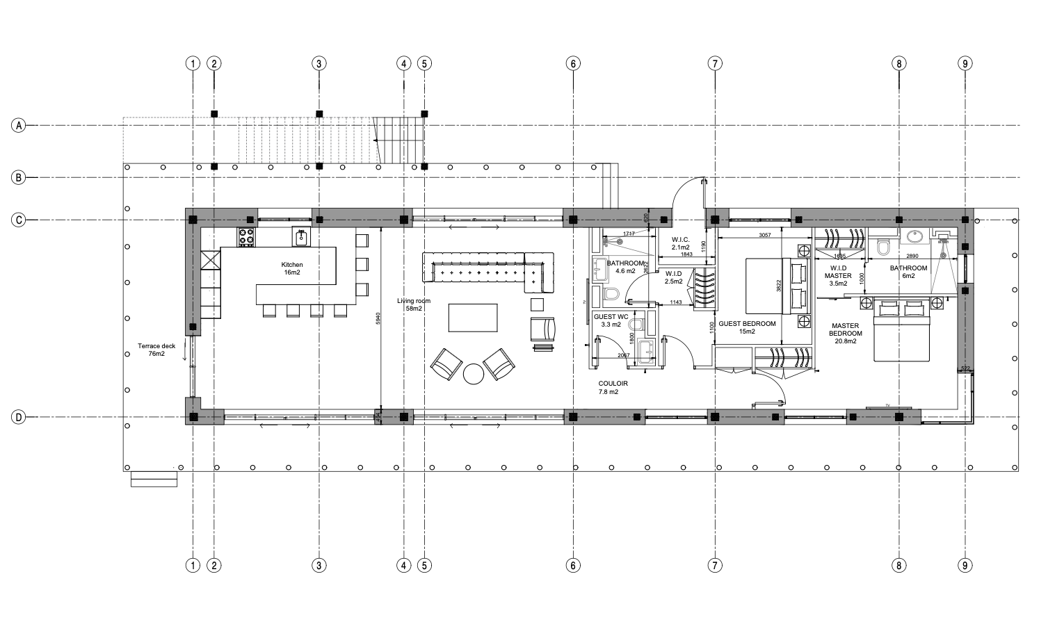 Floor plan of a house showing rooms including kitchen, living room, guest bedroom, master bedroom, bathrooms, walk-in closets, and terrace deck with dimensions.