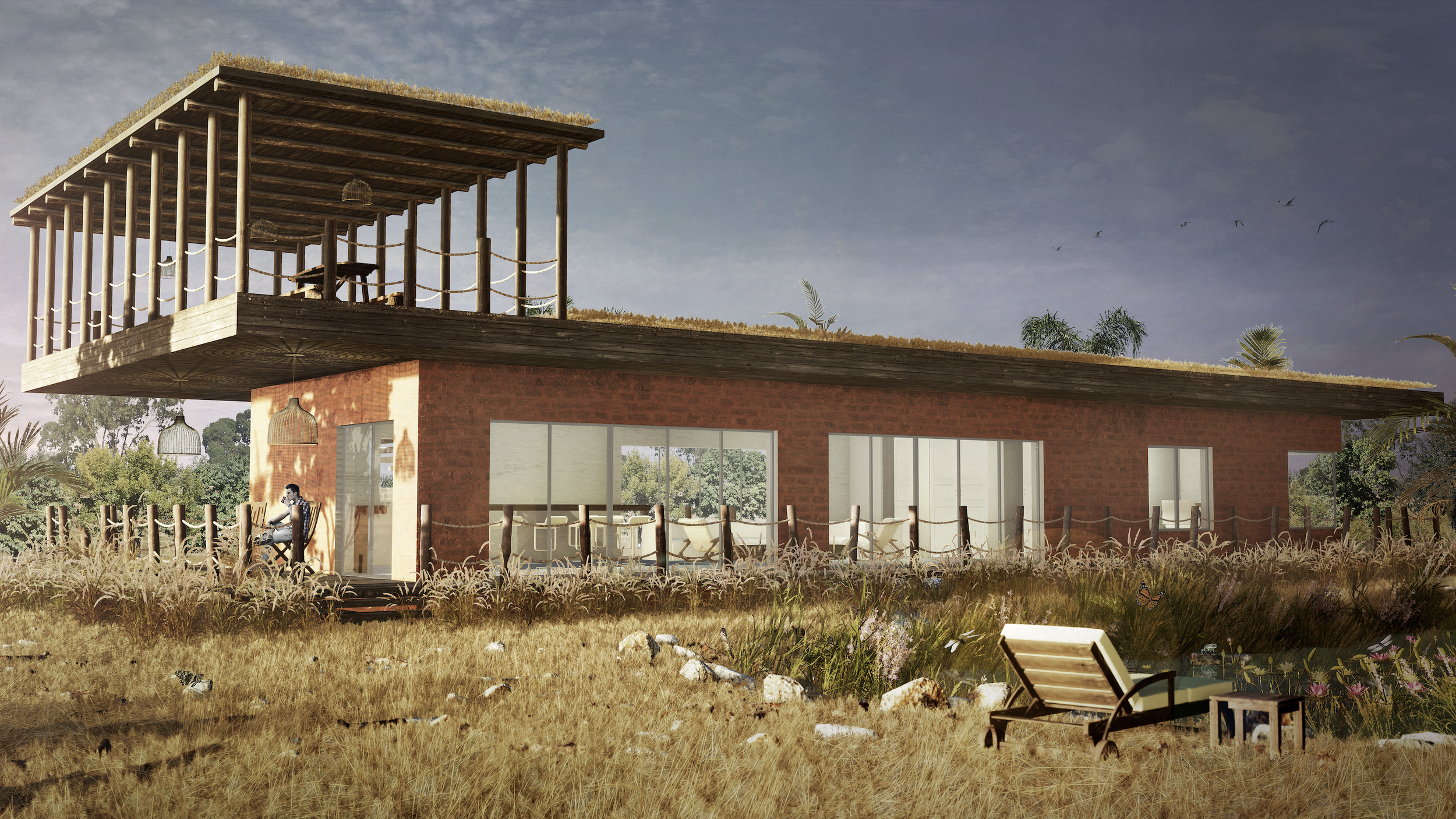 A modern building with a brick lower level and a wooden upper deck with vertical posts and rope railing, set in a natural landscape with trees, grass, and birds flying in the sky.