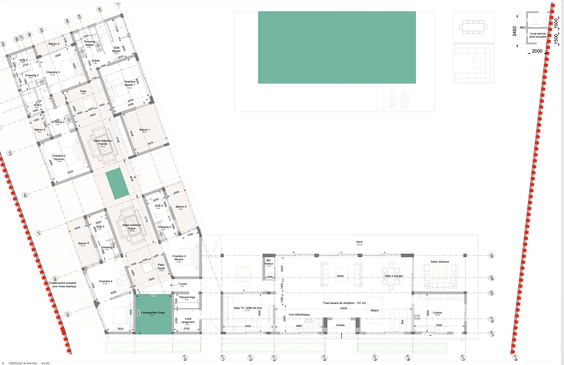 Architectural blueprint of a house floor plan showing various rooms, balconies, outdoor pool, and other features labeled with measurements.