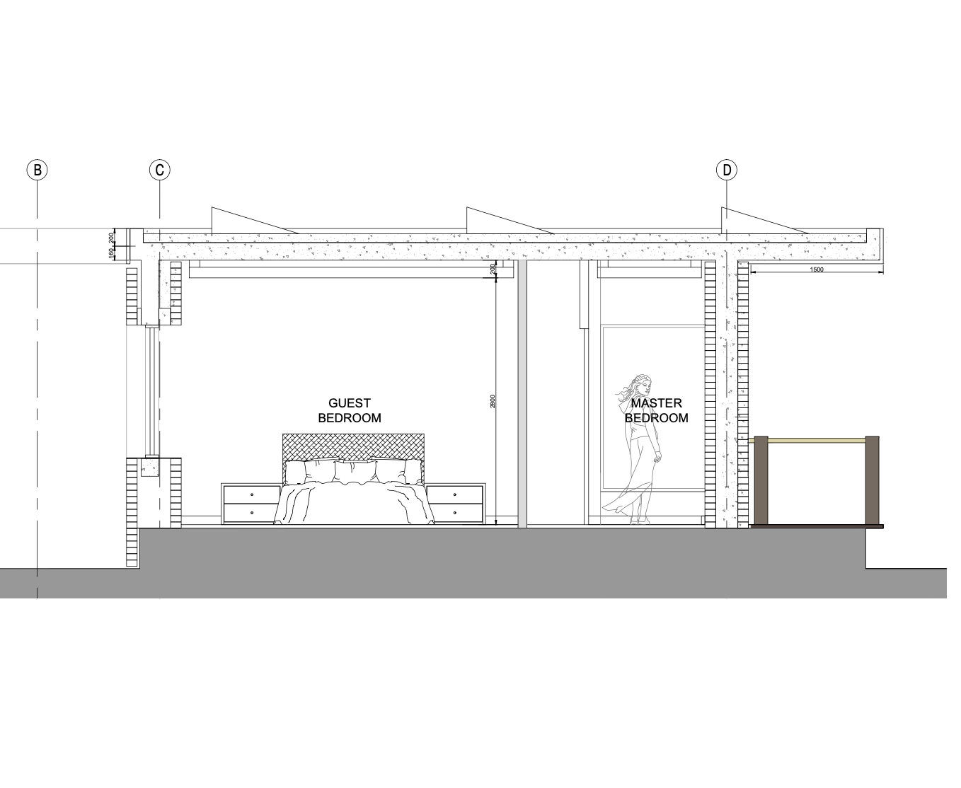Architectural drawing of a building section showing two bedrooms labeled 'Guest Bedroom' and 'Master Bedroom' with furniture and structural details.
