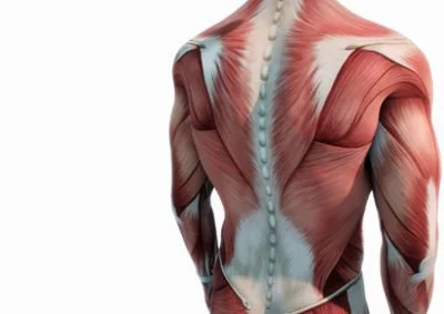 Modèle anatomique montrant les muscles du dos et des épaules humains.