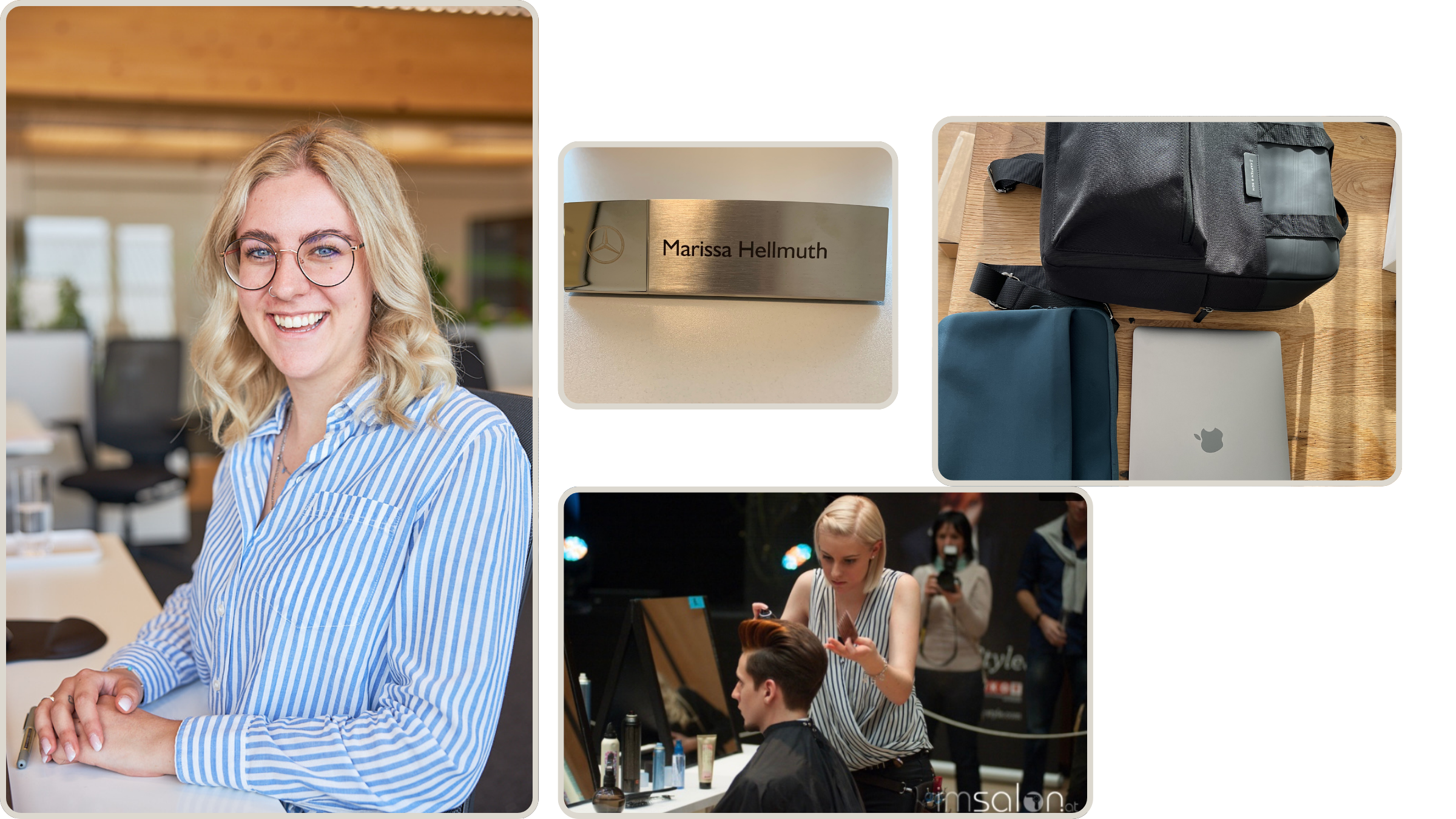 Eine lachende blonde Frau trägt eine blaue blusige Kleidung mit weißen Streifen in einem modernen Büro. Es gibt ein Namensschild mit "Marissa Hellmuth". Auf der rechten Seite sieht man einen schwarzen Rucksack, eine blaue Hülle und einen MacBook. Unten rechts sind People, die bei einer Veranstaltung oder einem Workshop sitzen, mit einem Studio-Set im Hintergrund.