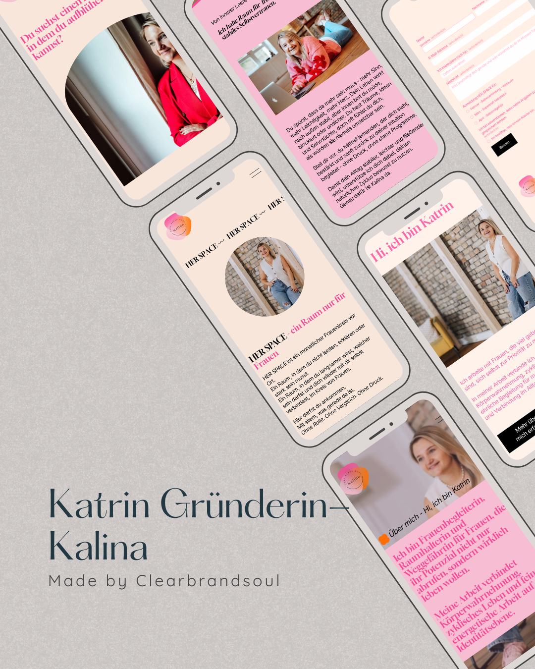 Mehrere Smartphones mit Webseiten und Profilbildern von Katrin Gründerin-Kalina, einer Frau mit hellbraunen Haaren in verschiedenen Outfits, Hintergrund ist ein grauer Tisch, Text über die Person, Begrüßungen und kurze Beschreibungen auf den Bildschirmen