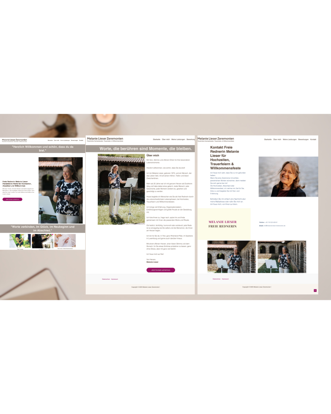 Screenshots von einer Webseite für Melanie Lesezer, eine Rednerin und Zeremonienleiterin, mit Fotos von ihr beim Sprechen und bei Veranstaltungen sowie Texten über ihre Arbeit und Kontaktinformationen.