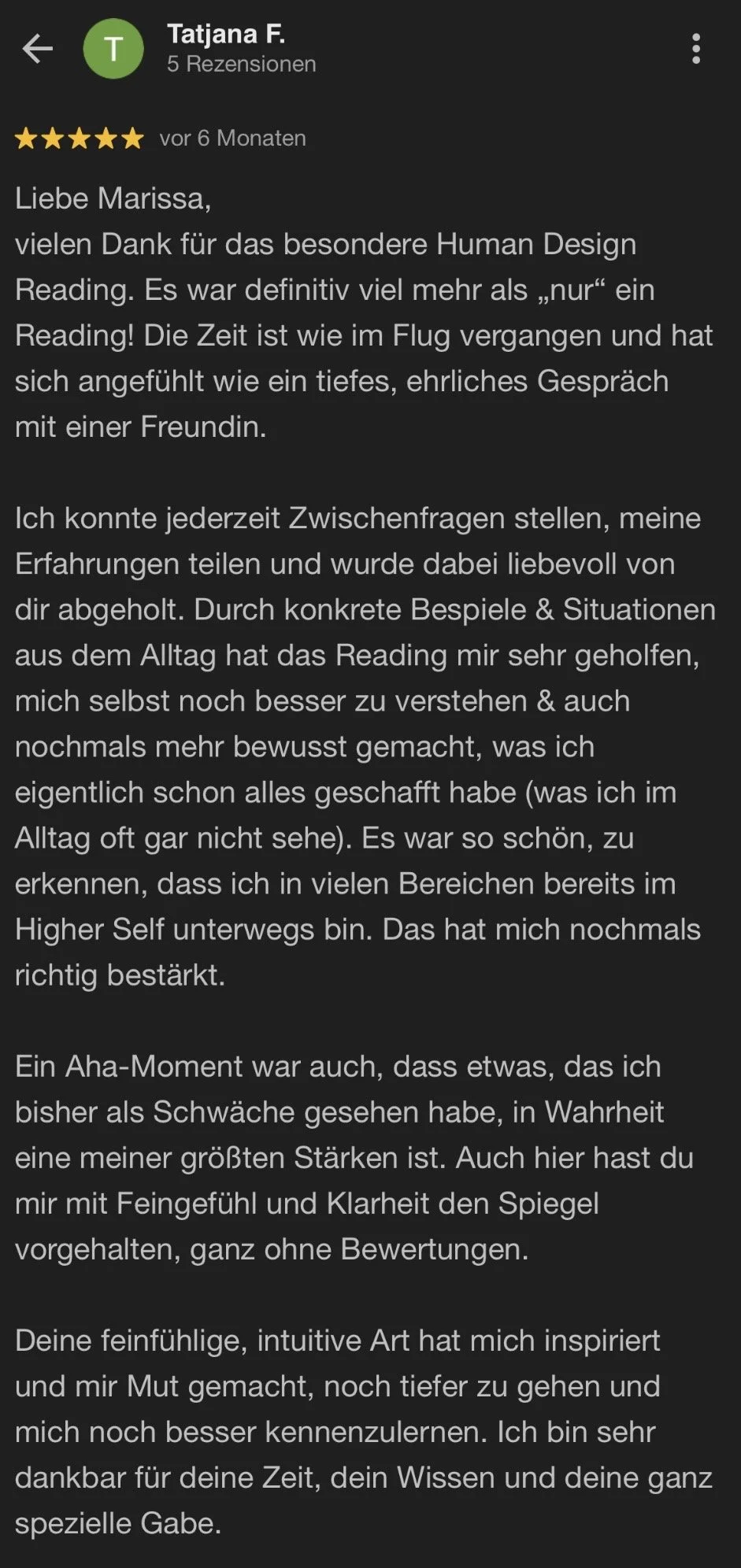 Eine Bewertung eines Human Design Readings, geschrieben in deutscher Sprache, mit fünf Sternen. Der Text bedankt sich bei Marissa, beschreibt positive Erfahrungen, persönliche Erkenntnisse und Wertschätzung für das Reading.