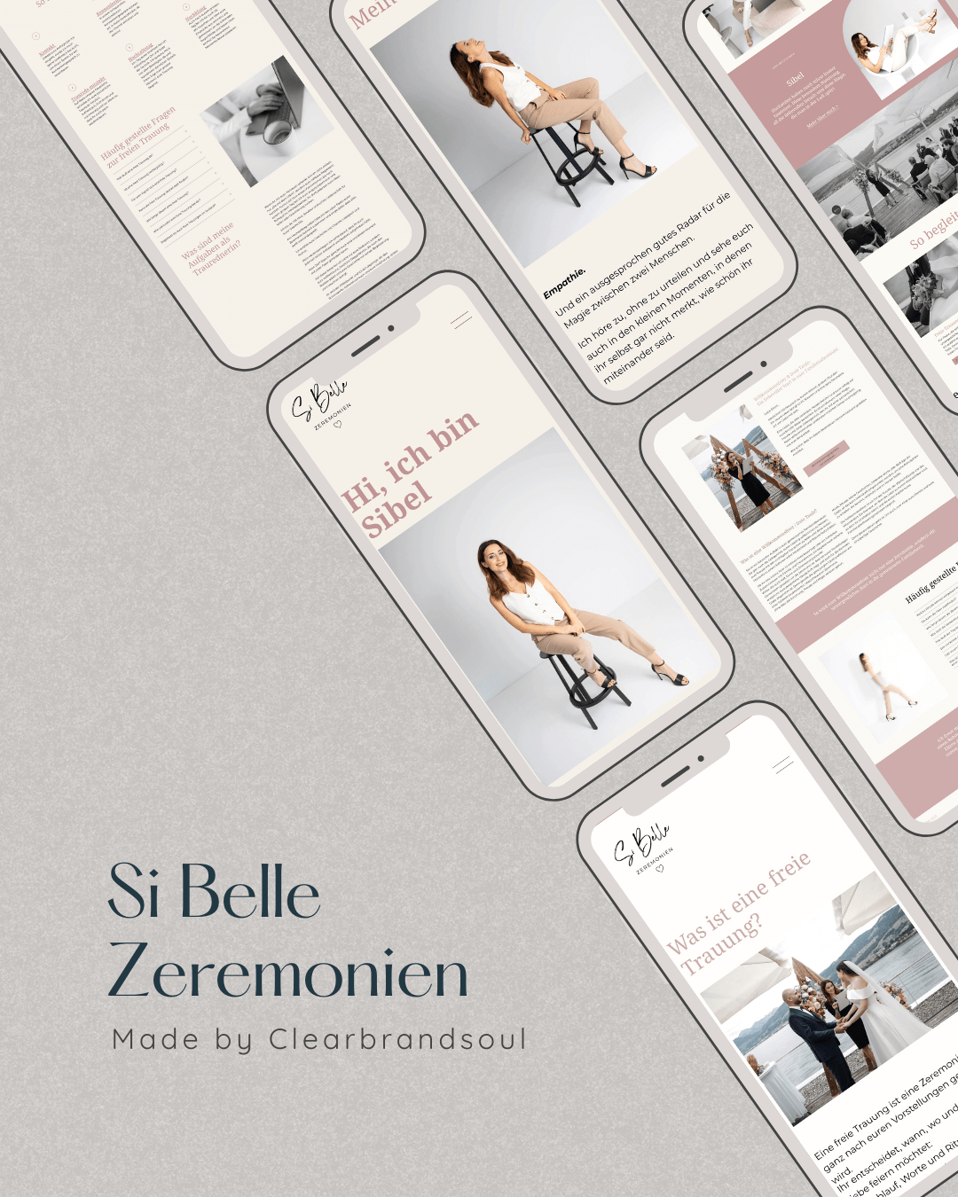Mehrere Smartphones zeigen Webseiten über Zeremonien und Trauungszeremonien, mit Bildern von Frauen, die in verschiedenen Settings posieren, und Texten über Hochzeiten und emotionale Themen.