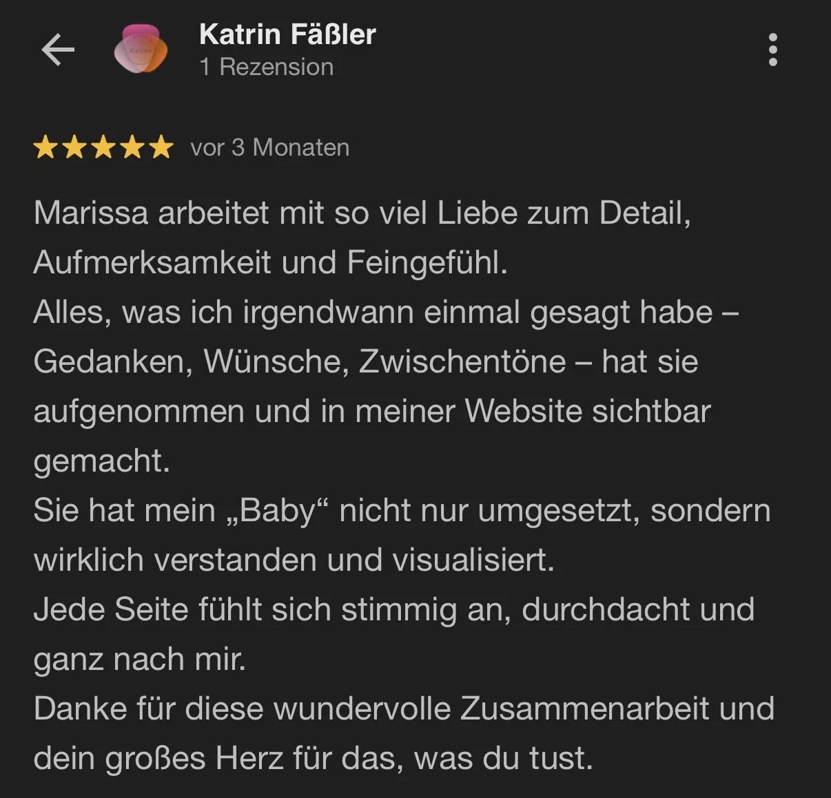 Bewertung für Katrin Fäßler, die zeigt, dass eine Person ein Produkt oder eine Dienstleistung positiv bewertet, mit 5 Sternen, Text in deutscher Sprache.