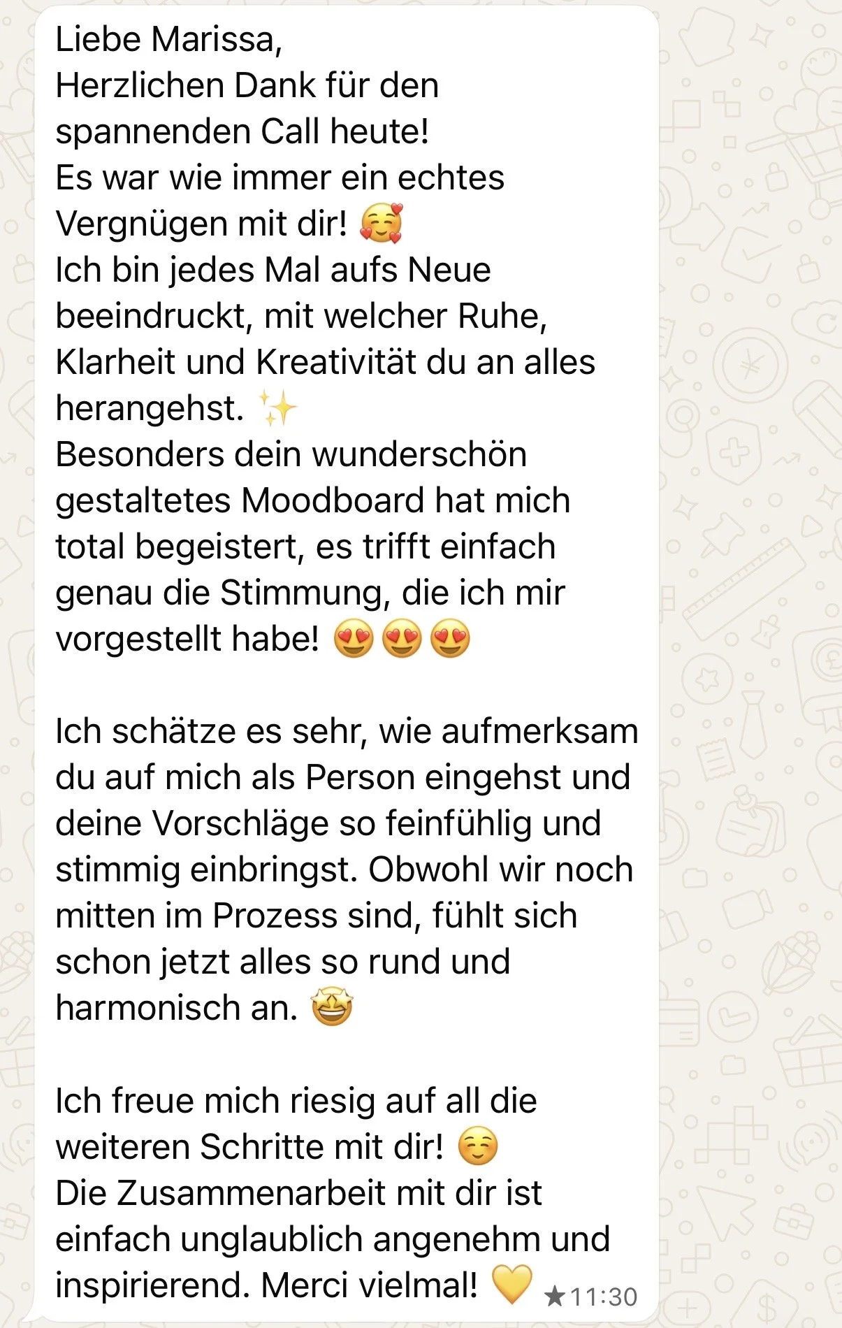 WhatsApp Nachrichten mit Dankesnachricht an Marissa, inklusive Emojis, Text über einen positiven Austausch und Freude auf die weitere Zusammenarbeit, Uhrzeit 11:30.