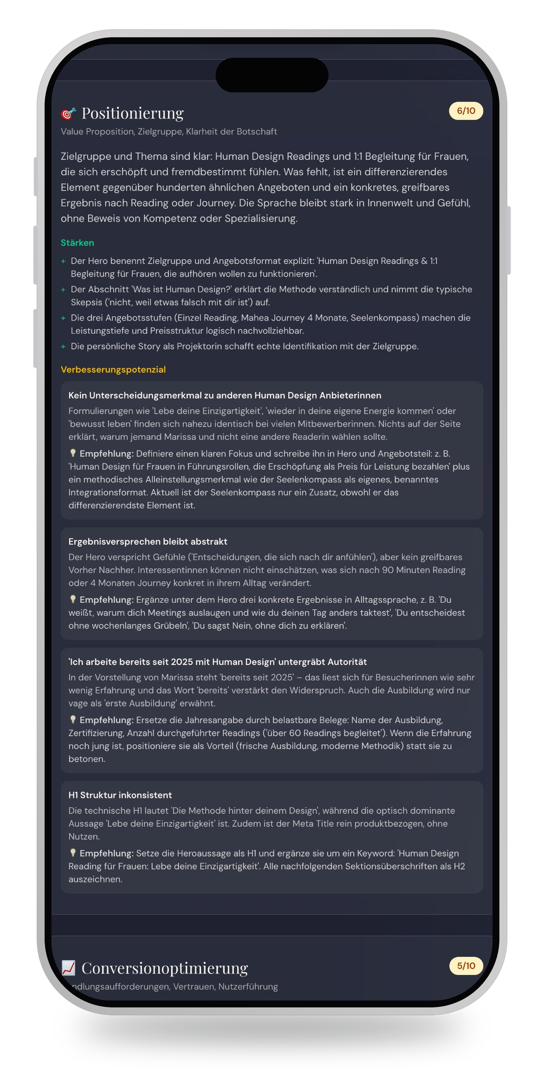 Screenshot eines Smartphones mit einer Präsentation oder einem Bericht über Positionierung, Stärken, Verbesserungspotenzial, Ergebnisversprechen, Struktur und Conversion-Optimierung im Bereich Human Design Readings für Frauen.