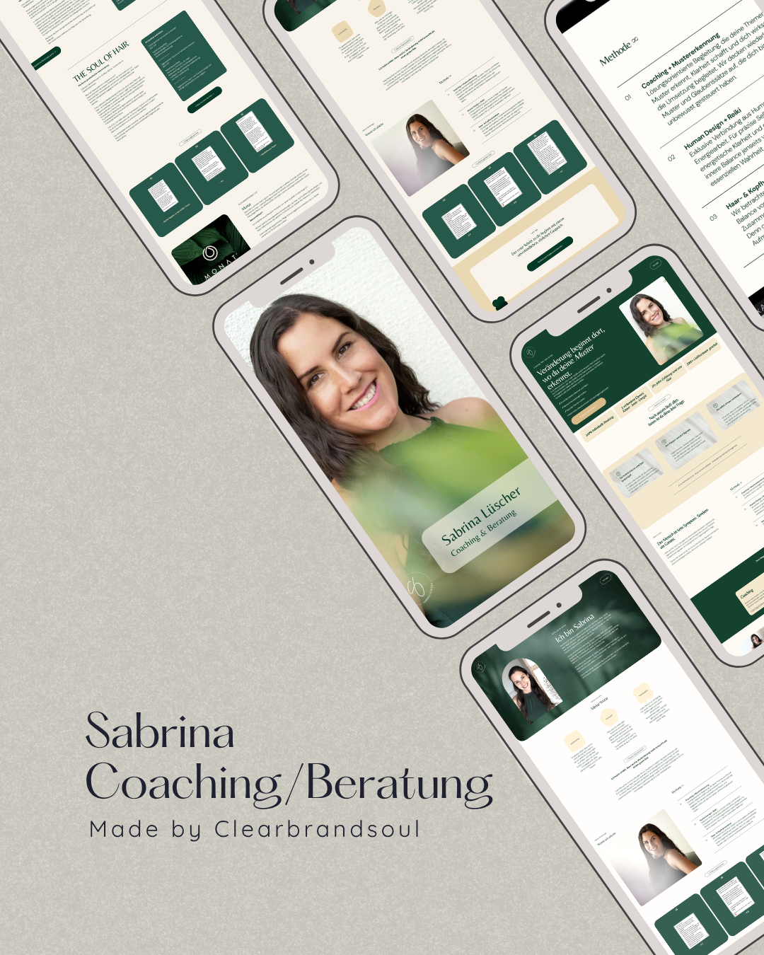Mehrere Smartphones mit Webseiten von Sabrina Lüscher Coaching & Beratung, darunter Porträts der Beraterin, Textabschnitte, und Designs in Grün, Beige und Weiß
