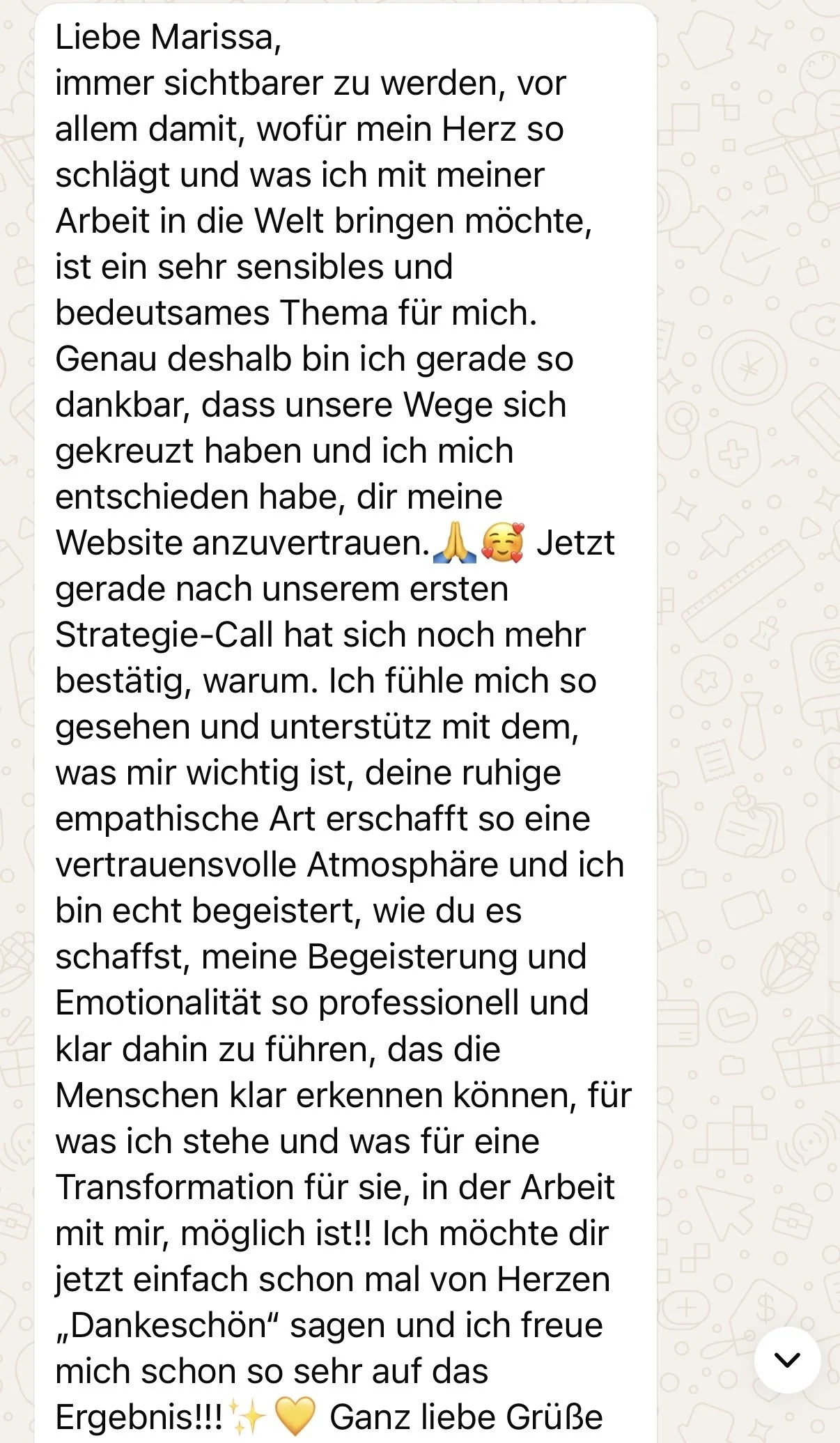 Ein langer Text auf Deutsch in einem WhatsApp-Chat, der sich an jemanden namens Marissa richtet, um Dankbarkeit und positive Gefühle auszudrücken.