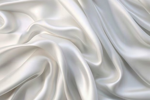 Nahaufnahme von weißem, glänzendem Satin- oder Seidenstoff mit Falten und Glanzlichtern.