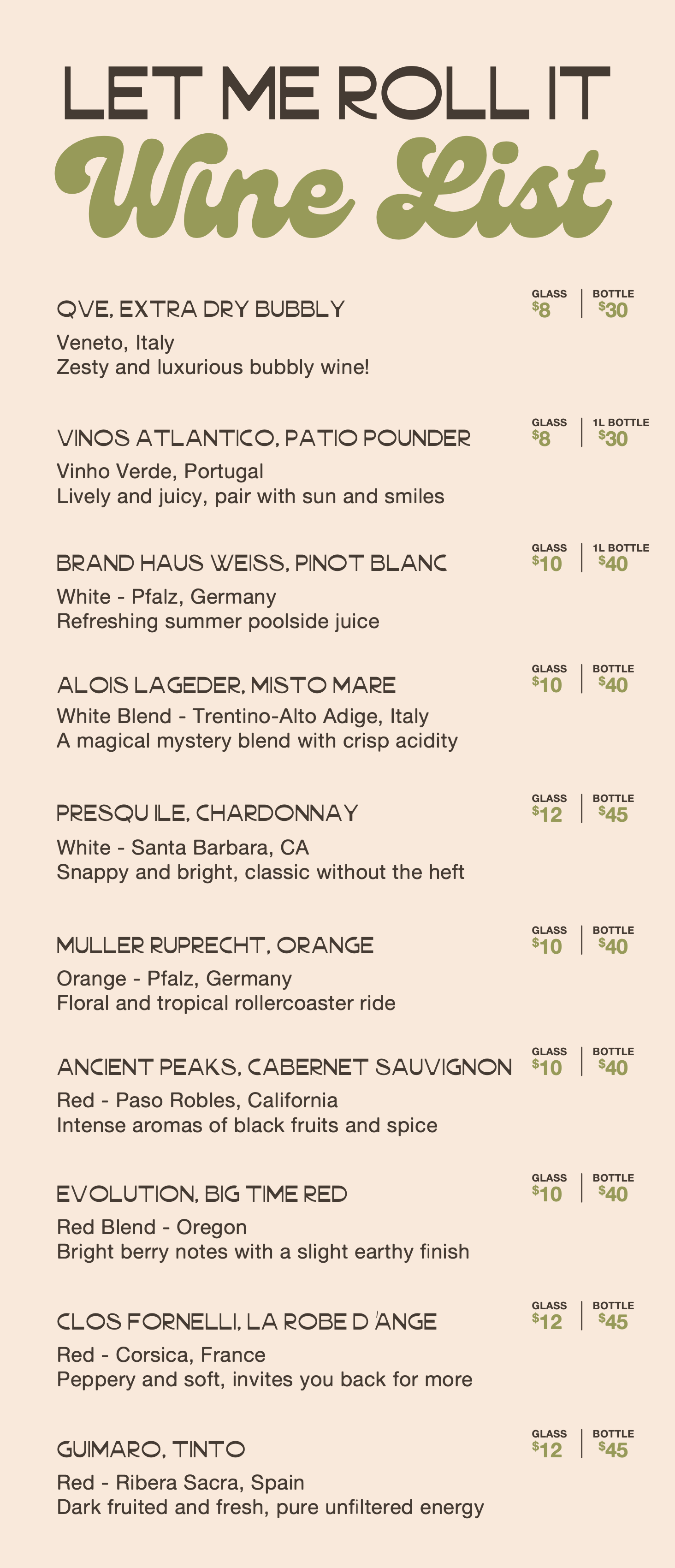 Seasonally rotating wine list