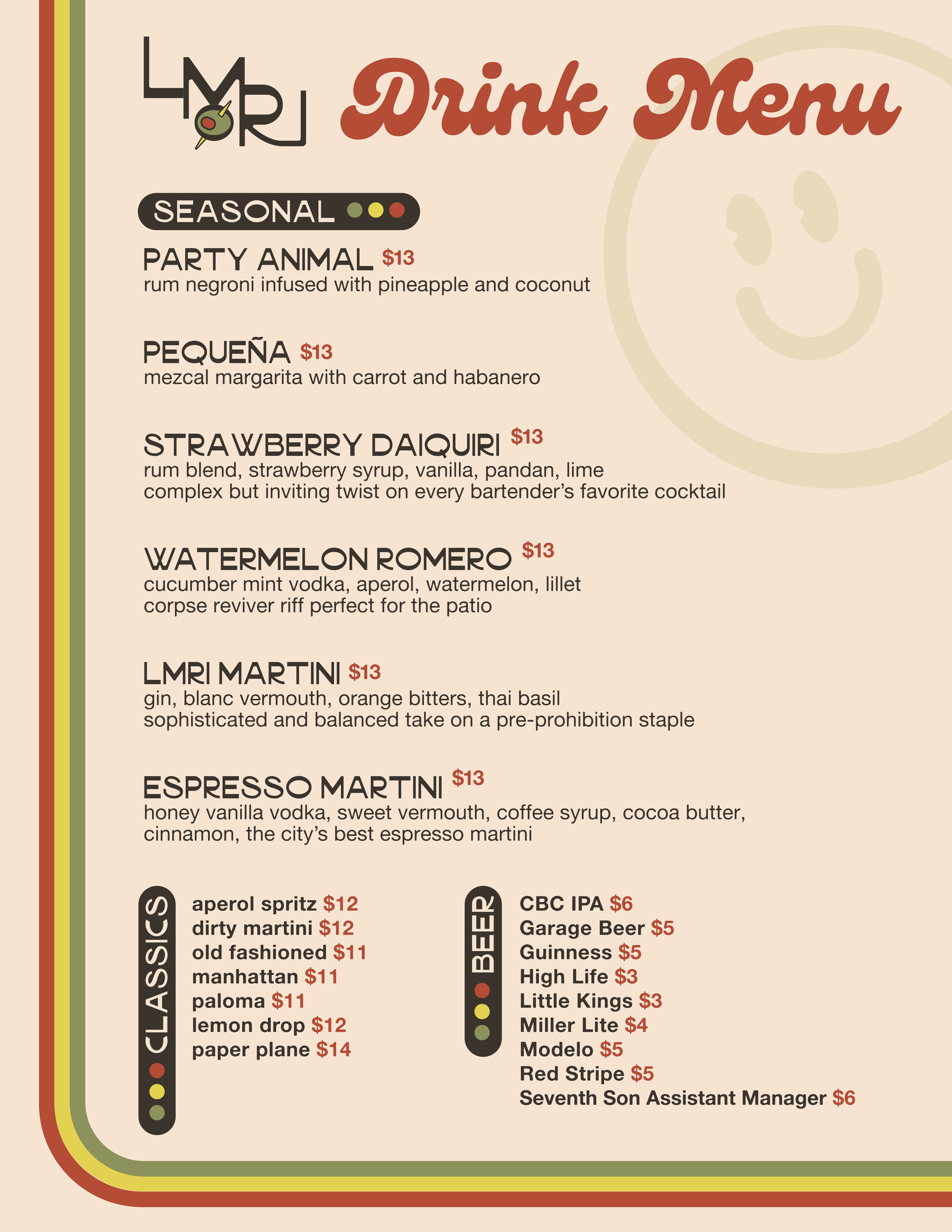Drink menu including seasonal and classic cocktails and beer offerings