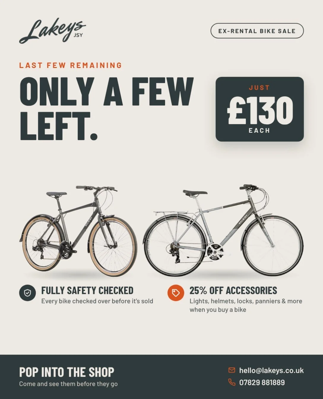 Ex-rental bike sale: only a few left!

Grab one of our ex-rental bikes for just &pound;130. Every bike is fully safety checked before it leaves us.

Buying a bike? You&rsquo;ll also get 25% off all accessories: lights, helmets, locks, panniers and mo