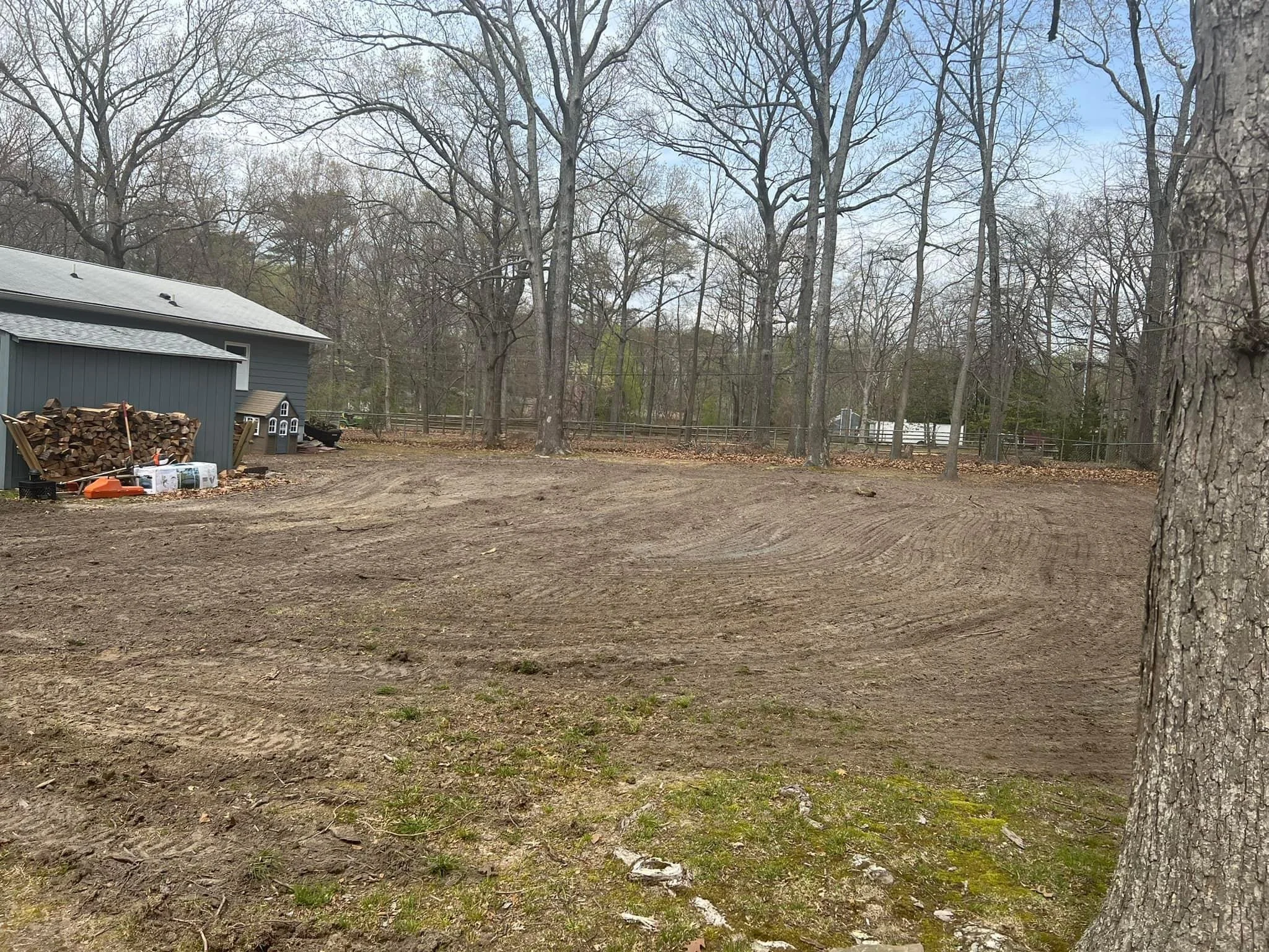 A backyard scene with a dirt patch, a gray house with a small window and a pile of chopped firewood near the house, leafless trees in the background, a fence, and a partly cloudy sky.