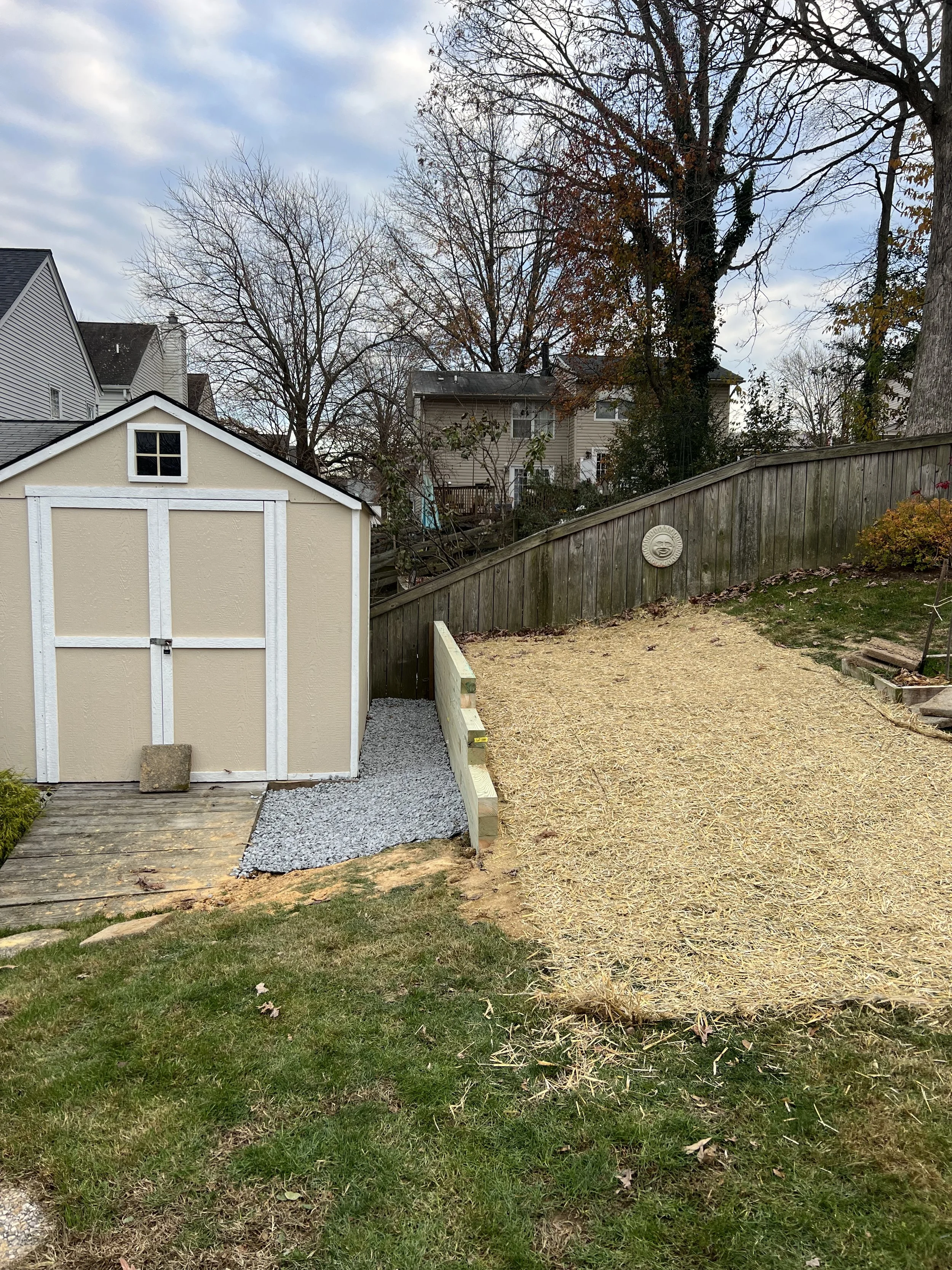 Backyard with a small beige shed, a wooden fence, trees with some remaining leaves, a yard of grass, and a partly cloudy sky.