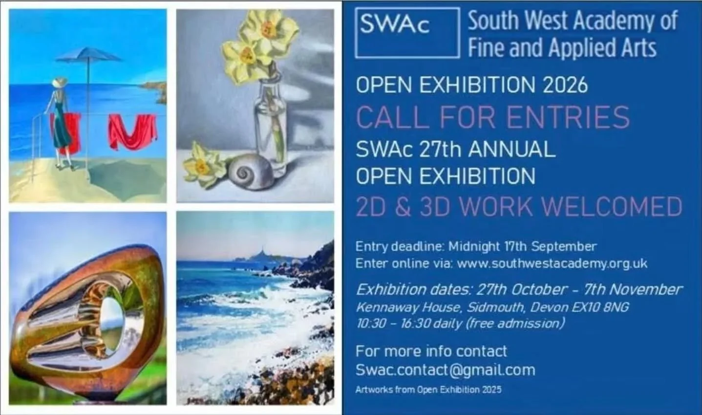 CALL FOR ENTRIES 🎨🎨🎨

The South West Academy of Fine and Applied Arts Annual Open Exhibition 2026.

The South West Academy of Fine and Applied Arts (SWAc) invites all local, national, international fine and applied artists to enter the 2026 Open E
