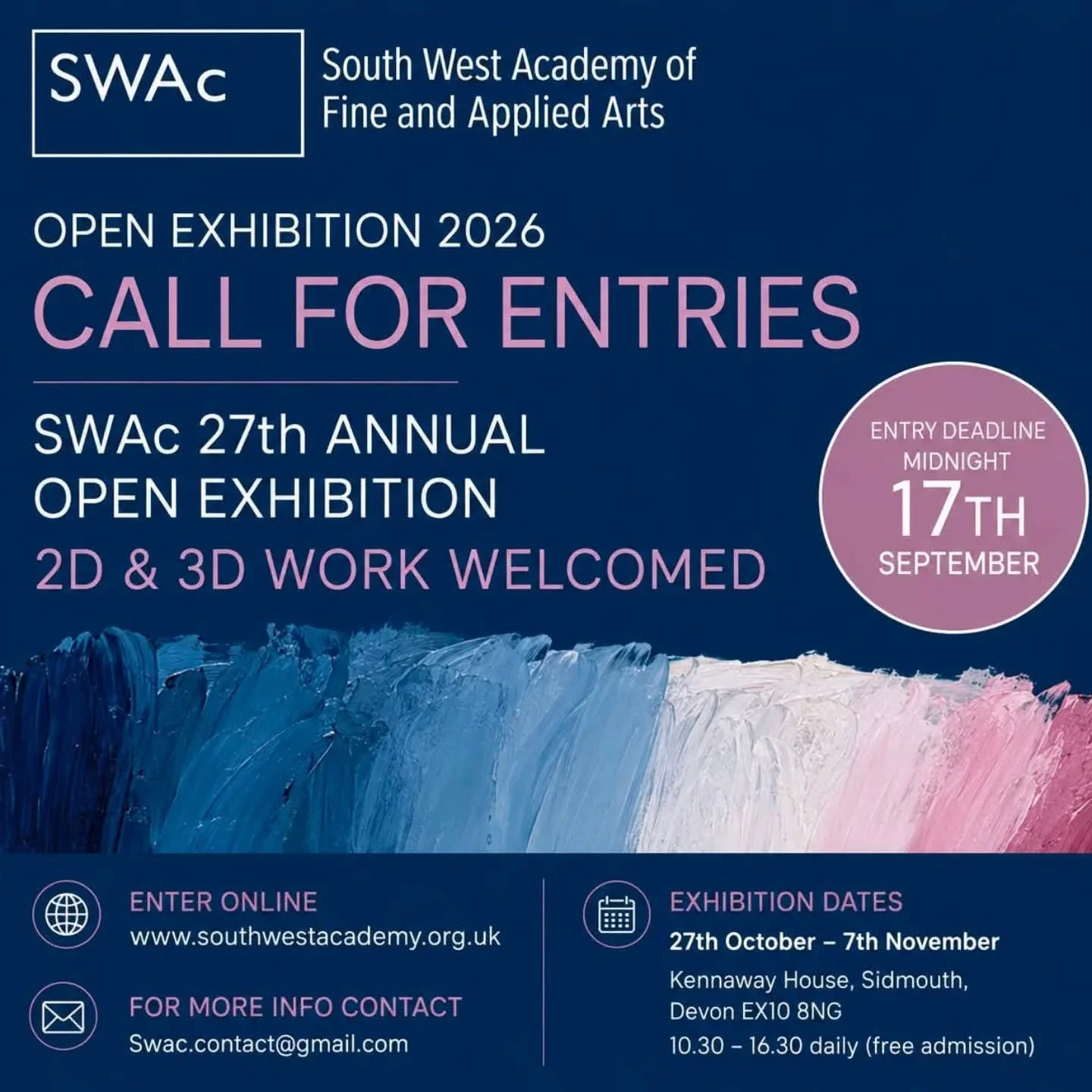 CALL FOR ENTRIES 🎨🎨🎨

The South West Academy of Fine and Applied Arts Annual Open Exhibition 2026.

The South West Academy of Fine and Applied Arts (SWAc) invites all local, national, international fine and applied artists to enter the 2026 Open E