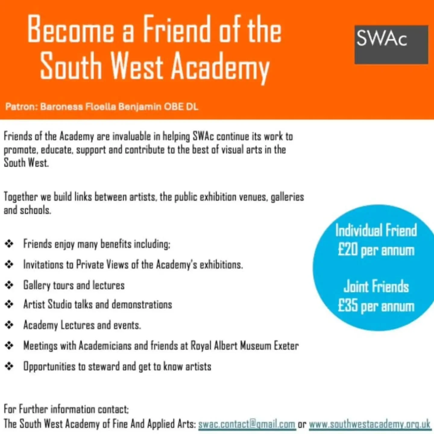 Become a Friend of the Academy 

Join The South West Academy of Fine and Applied Arts and be part of a creative community supporting artists across the South West.

By becoming a Friend of SWAc, you'll be helping us continue to create opportunities, 