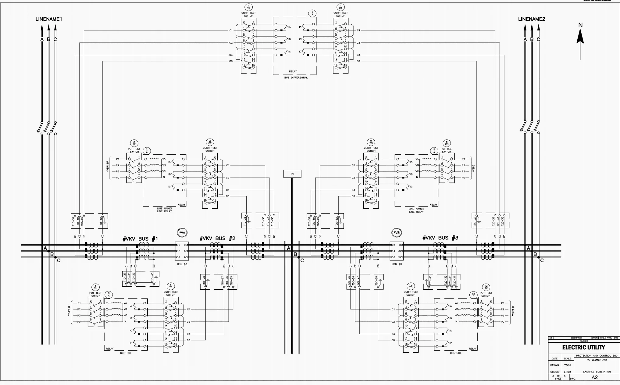 Electrical schematic diagram for an electric utility system, showing line relays, bus connections, circuit switches, and control components.