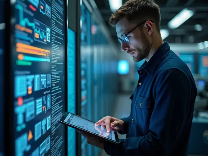 Man working on a tablet in front of a large digital screen displaying data and graphs in a high-tech environment.