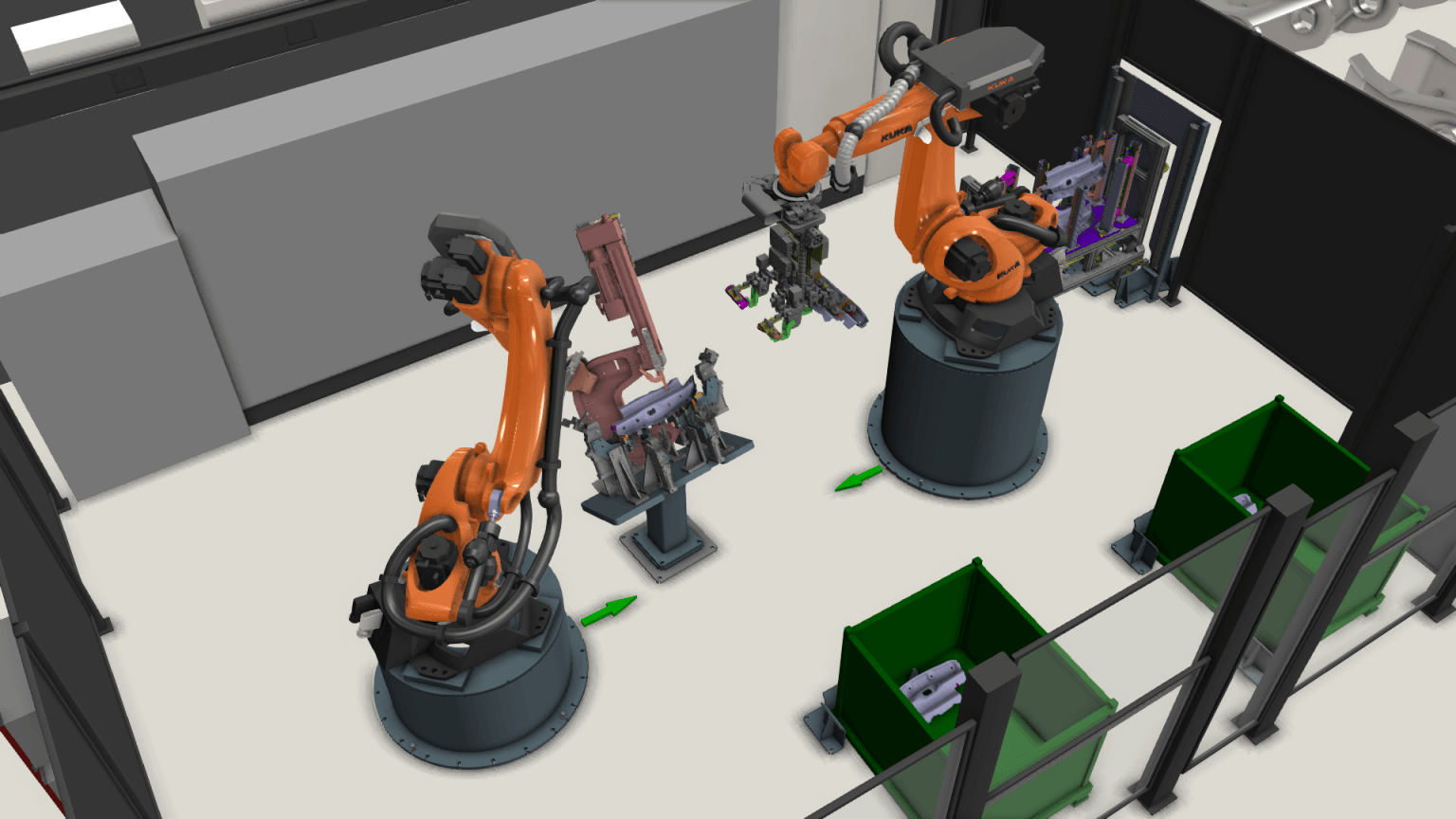 3D image of Two orange robotic arms working in a manufacturing or assembly process on different parts, with green bins containing components nearby.