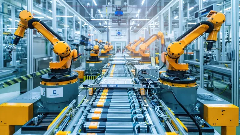 Inside a modern factory with multiple yellow robotic arms assembling or inspecting components on a conveyor belt