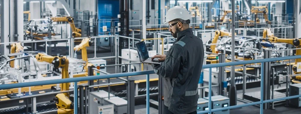 A technician with safety goggles and a hard hat working on a laptop in a manufacturing plant with robotic arms and automated machinery.