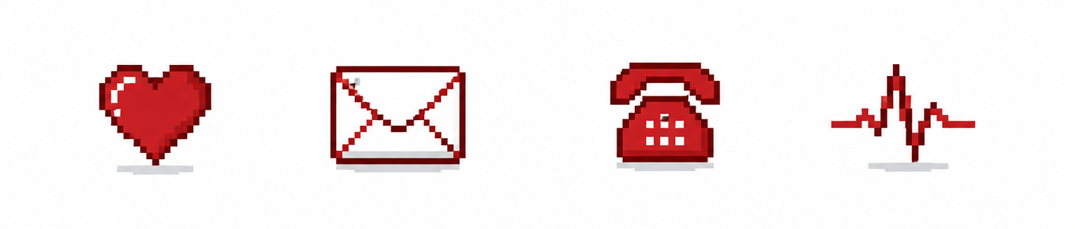 Pixel art icons of a heart, an envelope, a telephone, and a heartbeat line. Contact us for an appointment for cardiac care in North London, Hertfordshire, and Elstree.