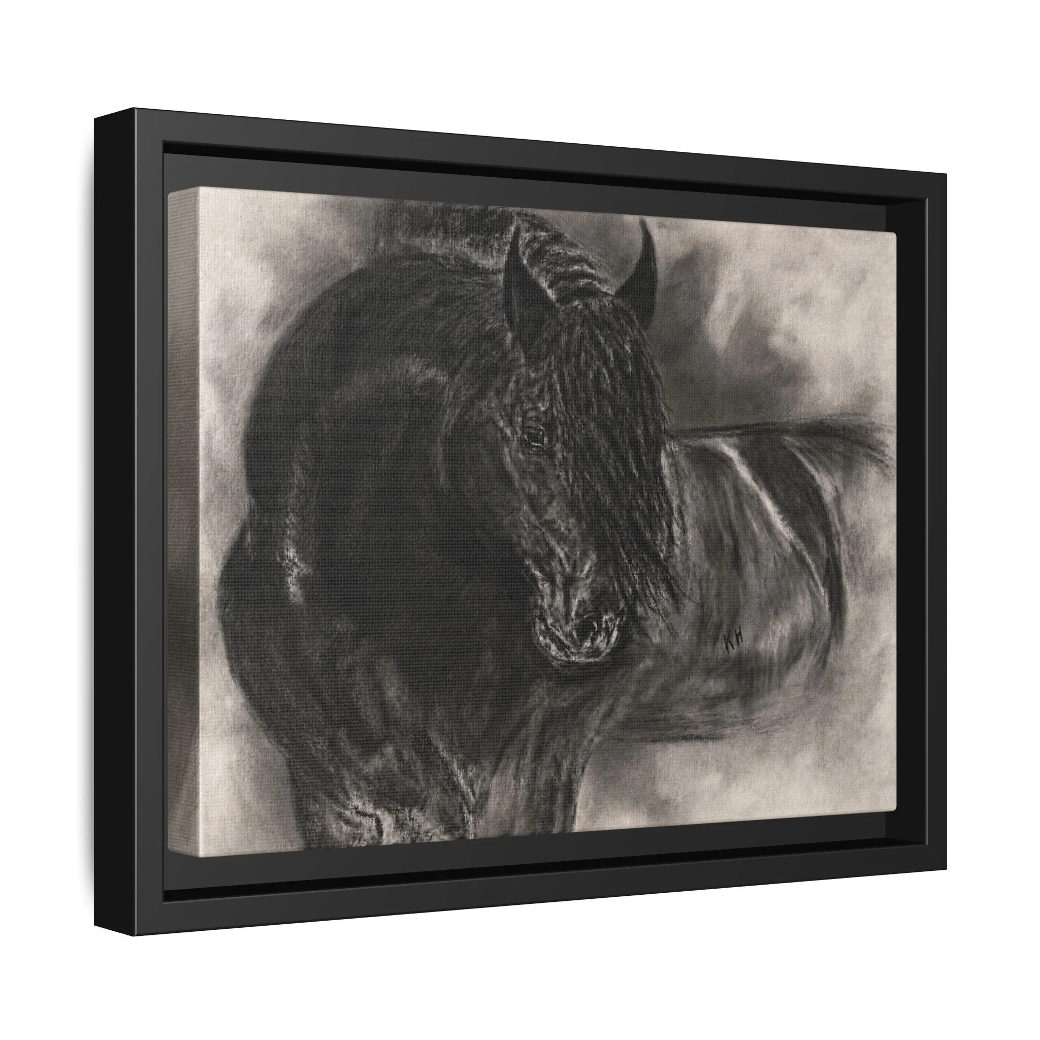 Framed Matte Canvas Horse Portrait Wall Art — Black Charcoal Stallion Print