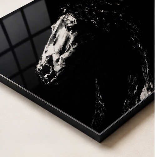 Close-up of a black frame with a glass surface featuring a white horse skull drawing on it.