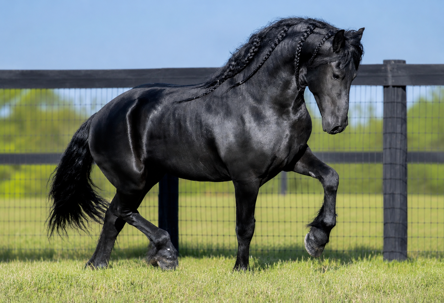 A black horse with braided mane and raised front leg on green grass, enclosed by a black fence and a blue sky background.