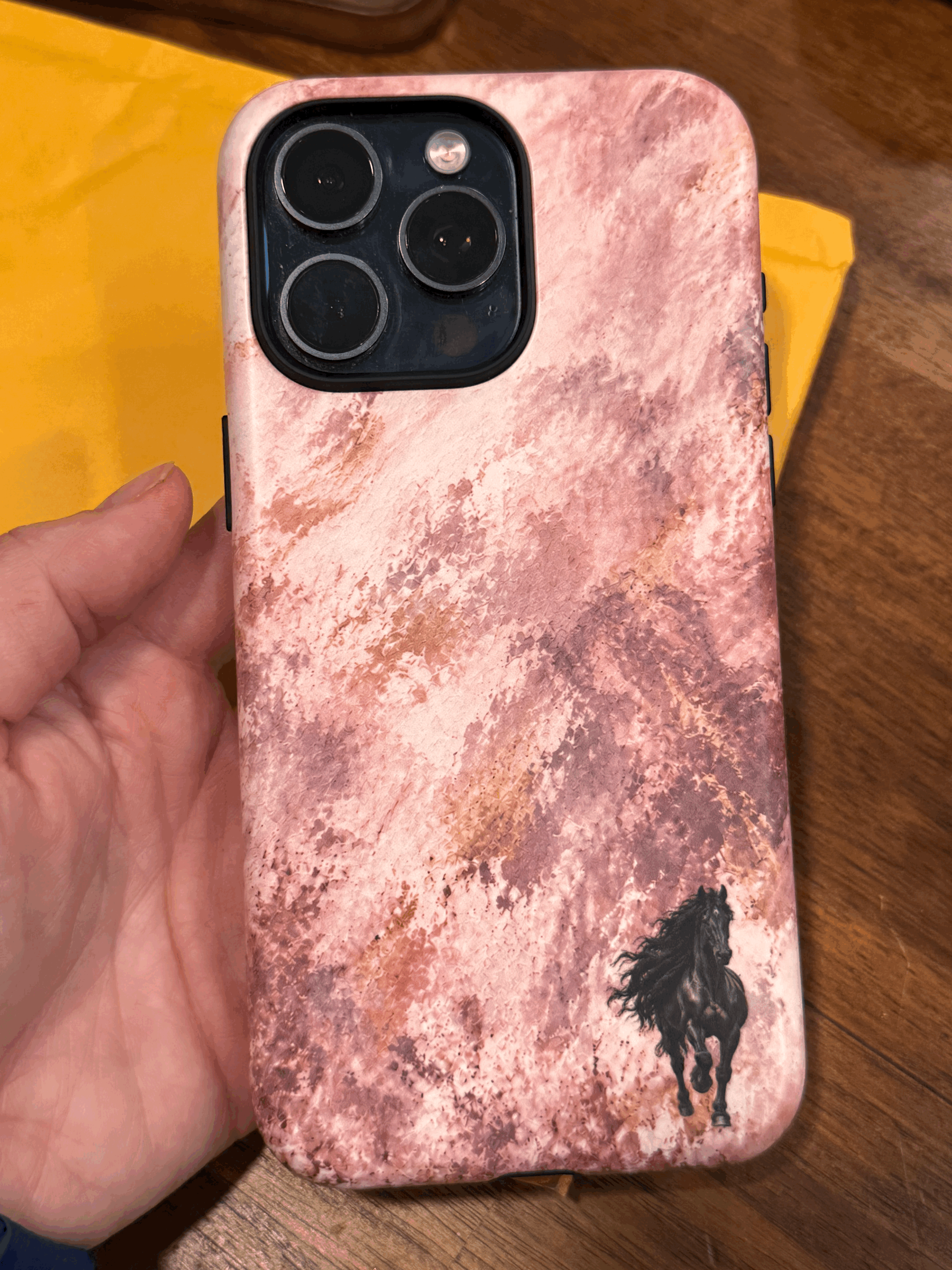 Pink Watercolor Friesian Running Horse phone case | pastel marble background