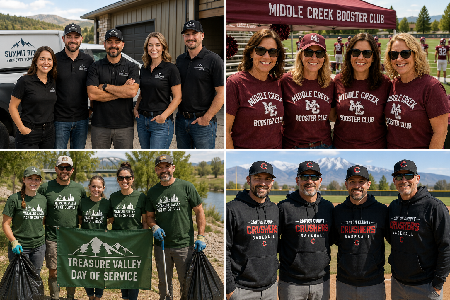 Collage of four group photos of people wearing matching shirts or hats representing different organizations, participating in outdoor community service and sports events.