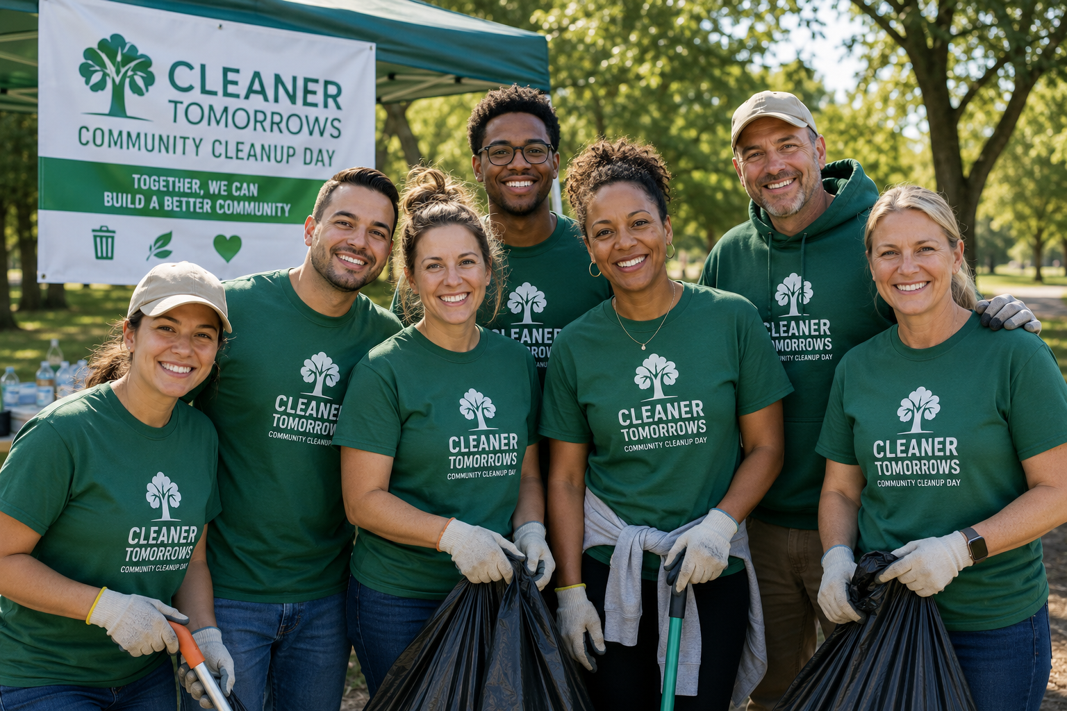 A diverse group of seven people smiling at the camera during a community cleanup event, wearing matching green t-shirts with a tree logo and the words "Cleaner Tomorrow's Community Cleanup Day." They are holding trash bags and tools, standing outdoors under a tree, with a banner in the background that reads "Cleaner Tomorrow's Community Cleanup Day" and "Together, We Can Build a Better Community."