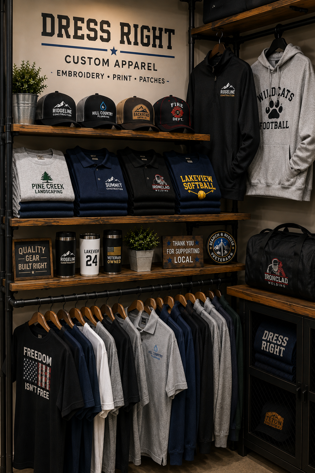 Display of custom apparel including hats, hoodies, t-shirts, and mugs, with signage for a business named 'Dress Right' and various sports and business logos.