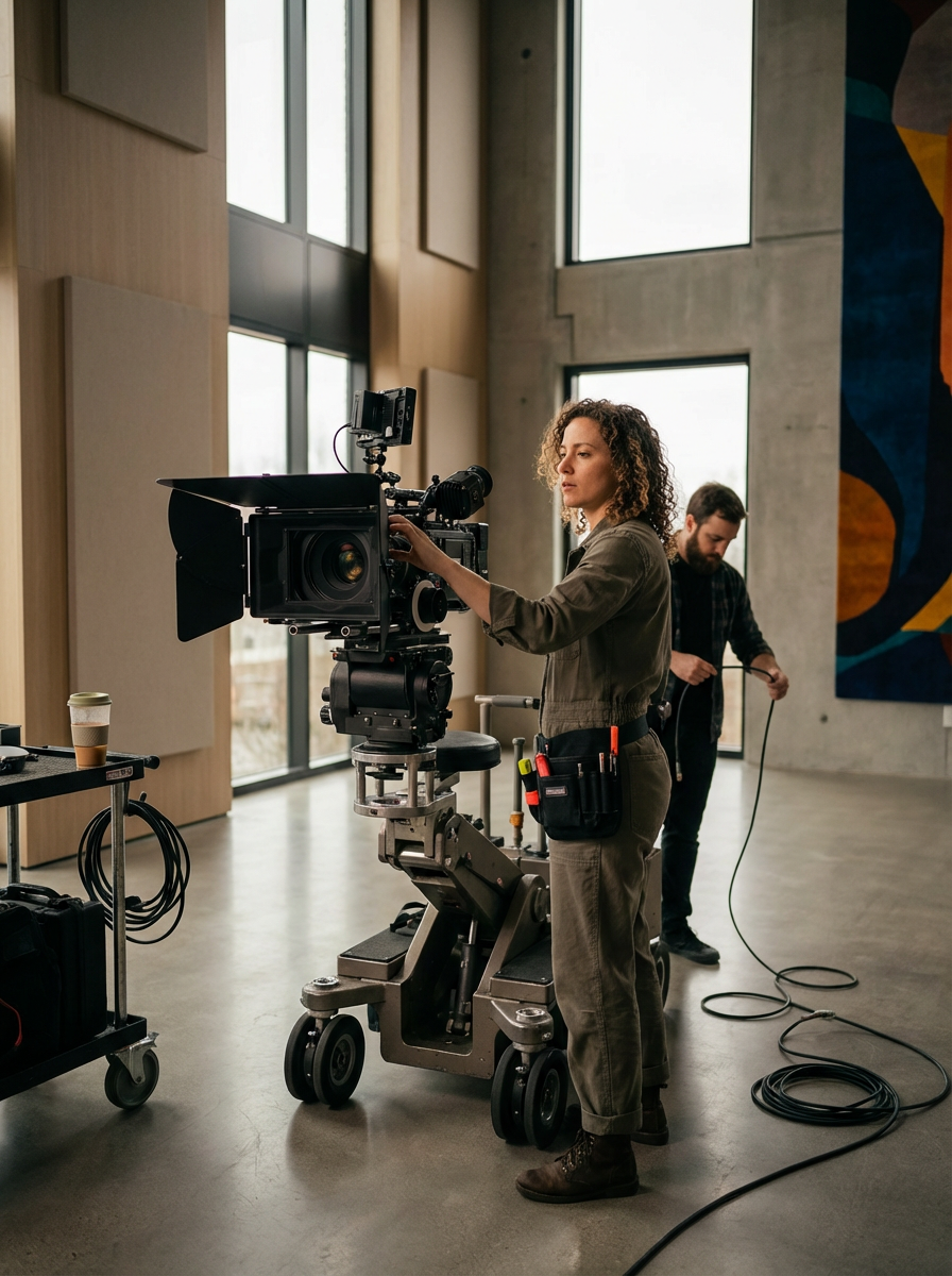 A woman operator adjusting a large film or video camera on a dolly inside a modern, well-lit building with large windows and an abstract colorful mural on the wall.